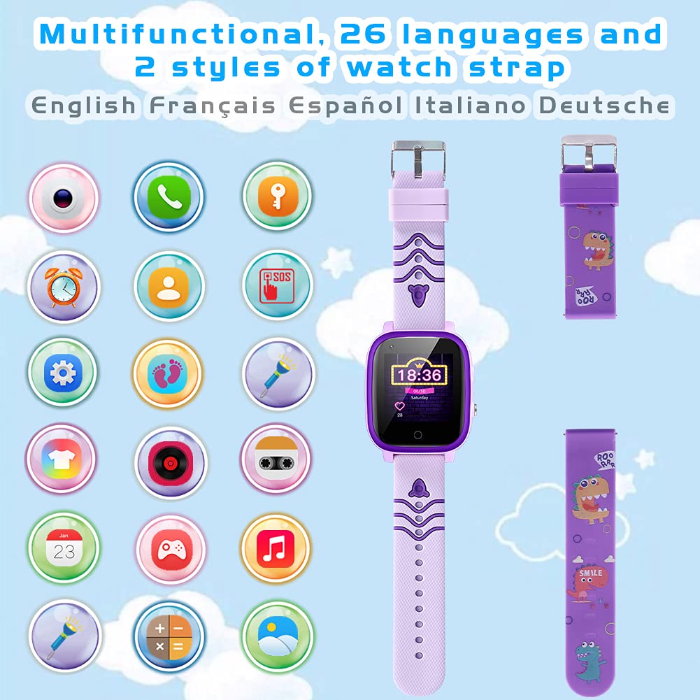 4G Kids Smart Watch with GPS Tracker & Video Call - Waterproof Smartwatch for Boys Girls Age 4-12 - SOS Emergency Alert, WiFi/LBS Positioning, Cartoon Style (Purple) - Perfect for School Safety, Outdoor Activities & Birthday Gifts