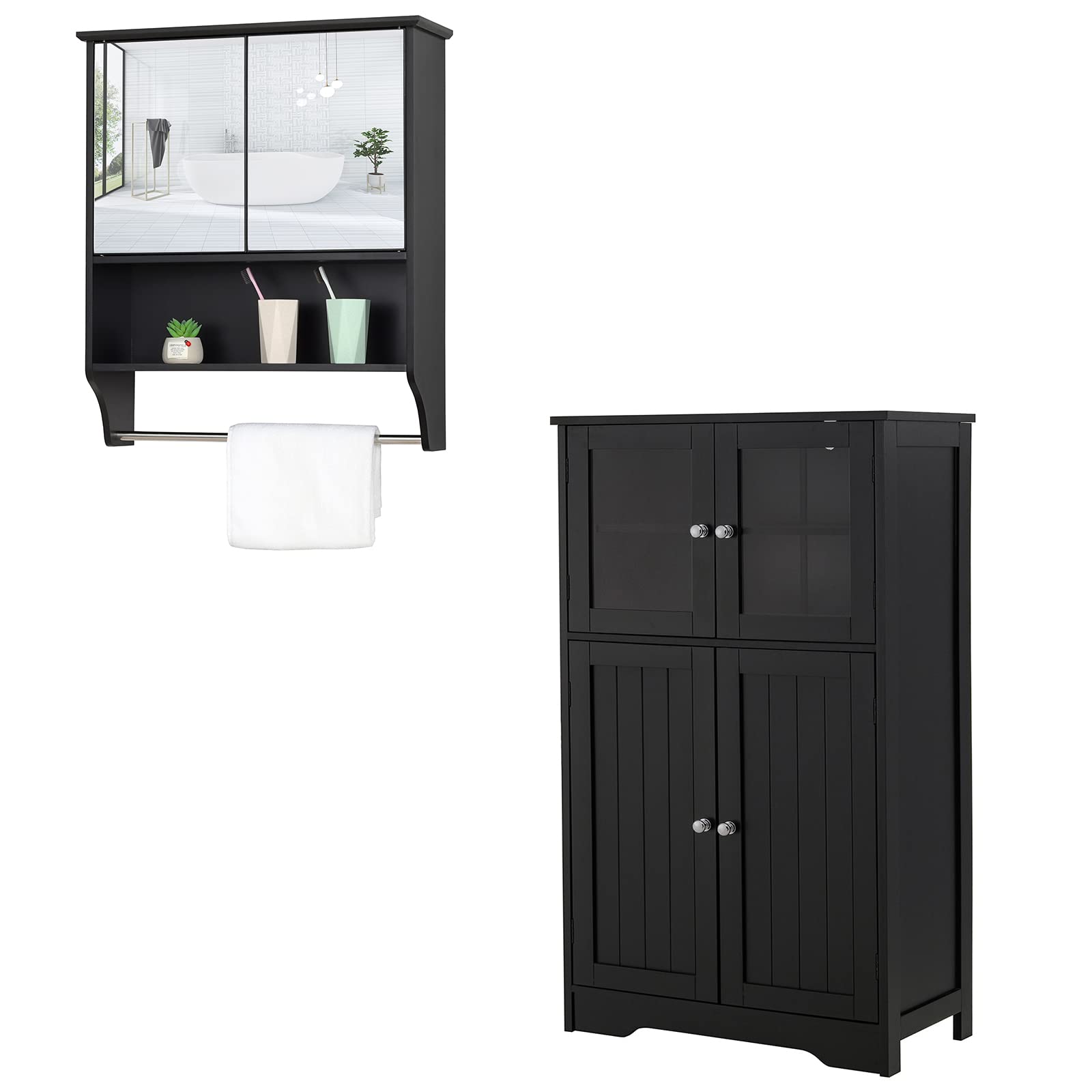 IWELL Bathroom Wall & Floor Cabinet Set - Adjustable Shelf Medicine Cabinet with Double Mirror Doors & Glass Door Storage Cabinet - Black - Perfect for Bathroom Organization & Small Space Storage