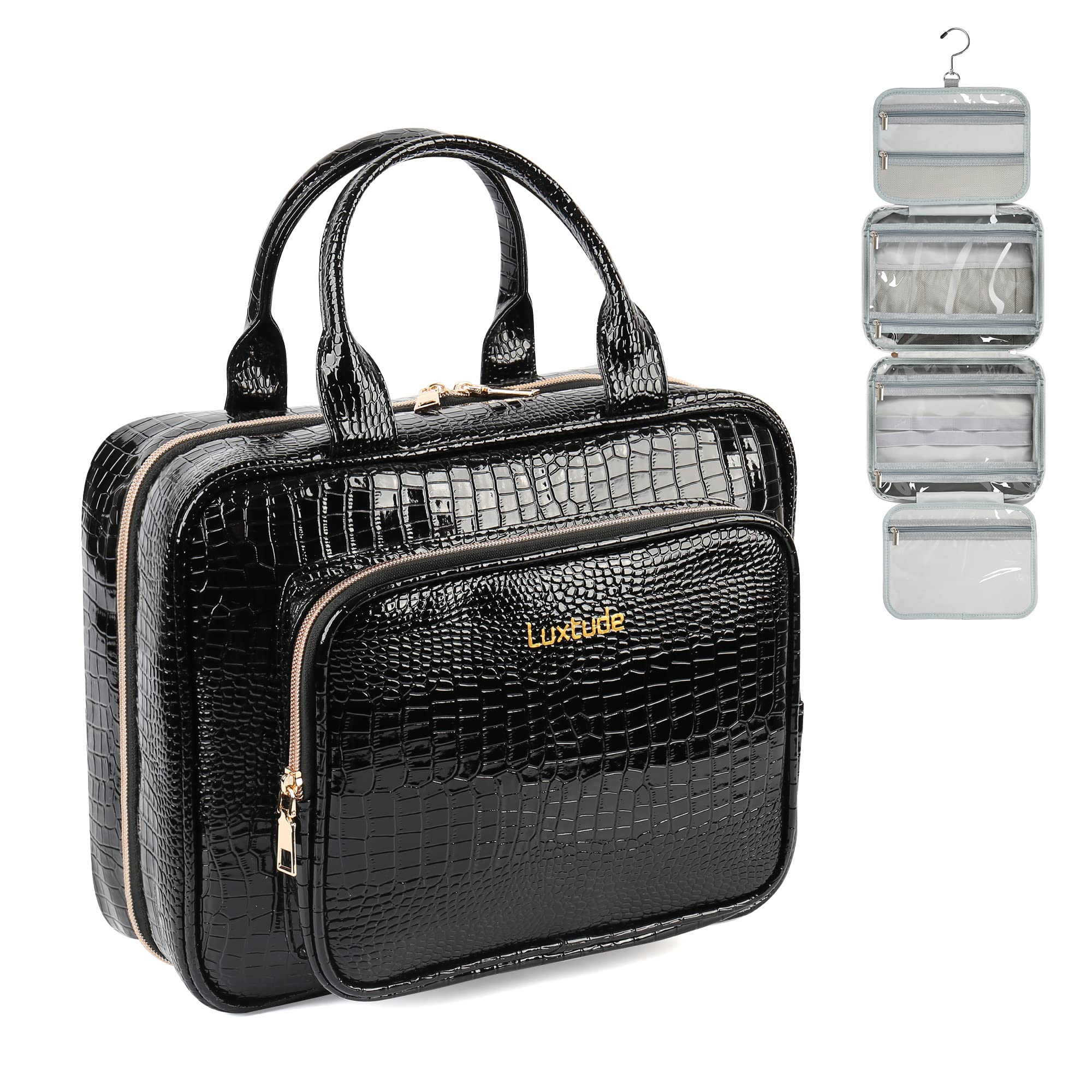 **Luxury Waterproof Leather Toiletry Bag for Women - Large Hanging Travel Makeup Organizer with 360° Hook, Cosmetic Bag for Bathroom, Shower & Travel Essentials | Perfect for Vacations, Gym & Daily Use**