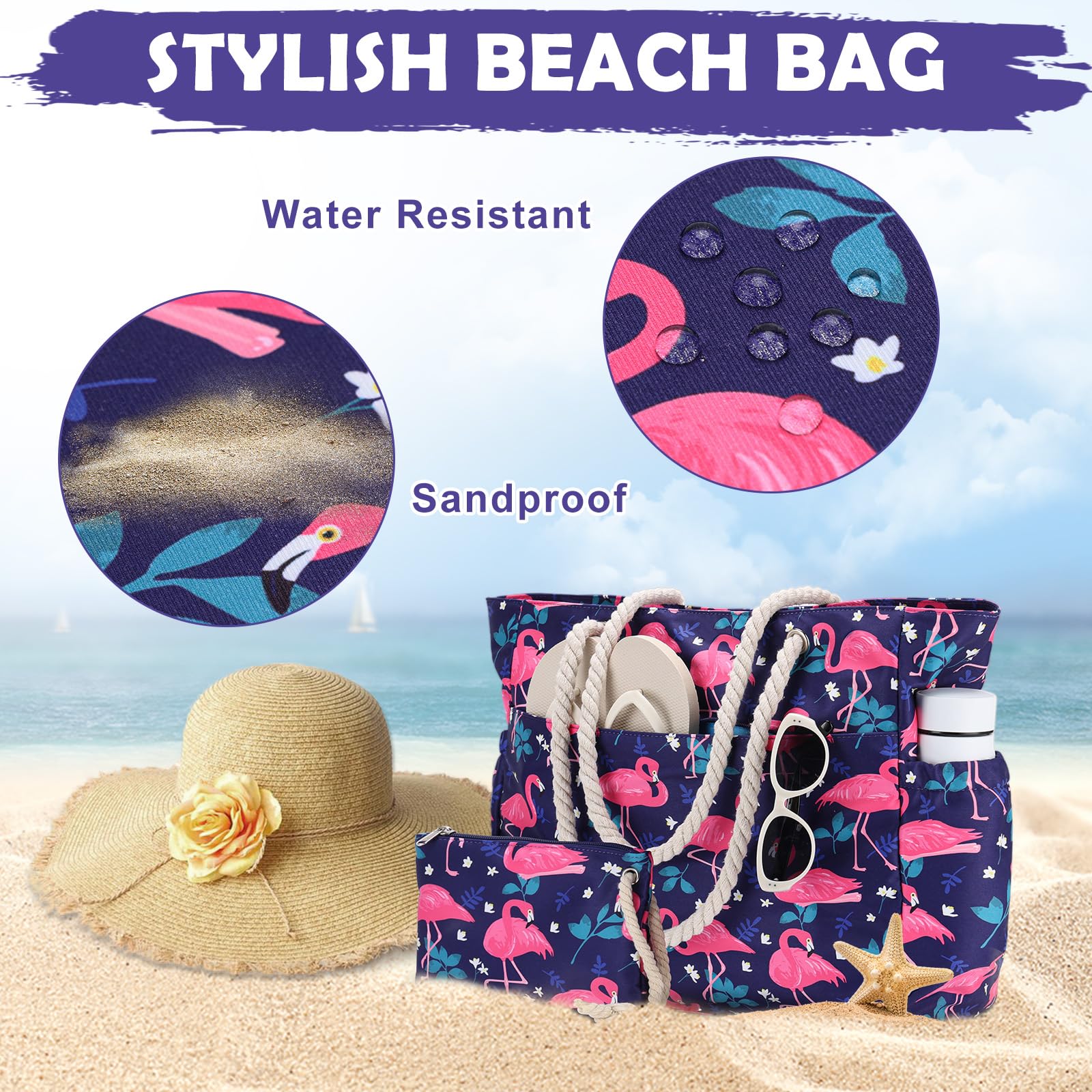 Kasqo Large Waterproof Beach Tote Bag for Women with Zipper & Small Pouch - Perfect for Swimming, Pool, Grocery Shopping, Travel & Vacation Essentials