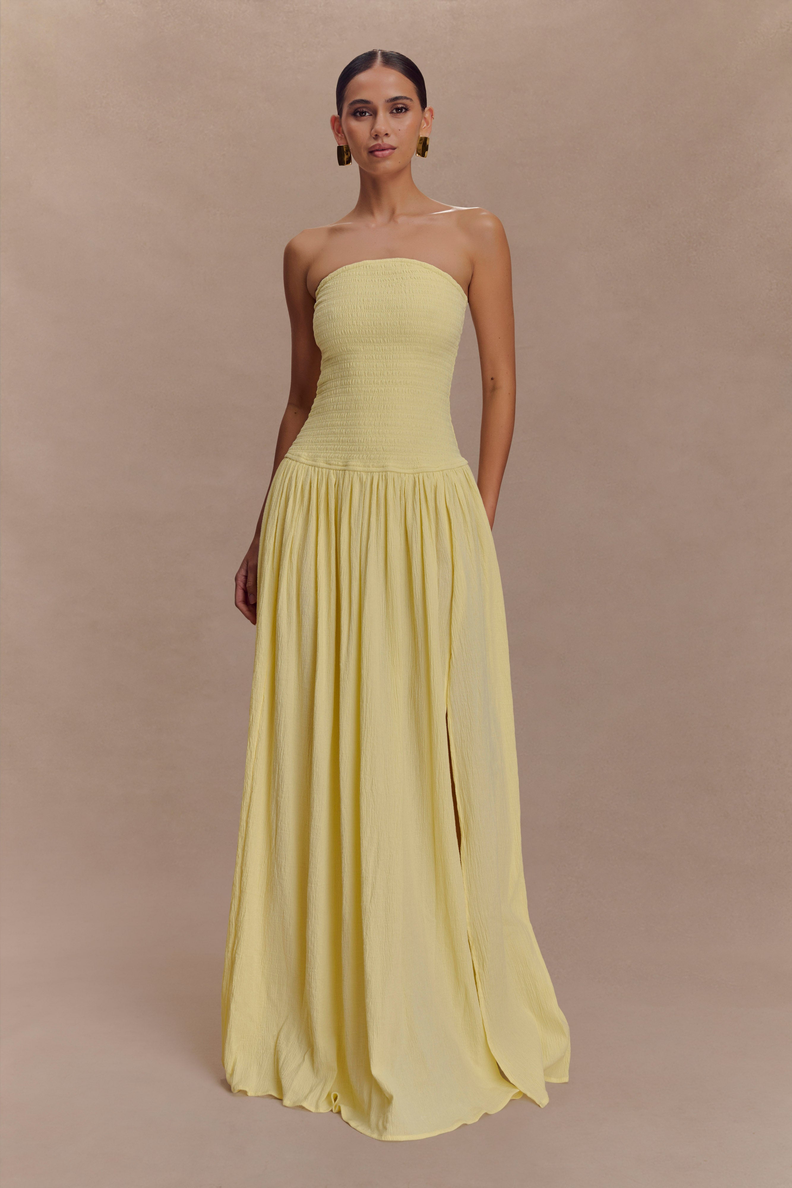 Maureen Cotton Shirring Maxi Dress - Lemon Yellow Flowy Summer Dress for Women | Perfect for Beach Vacations, Brunch Dates & Outdoor Weddings