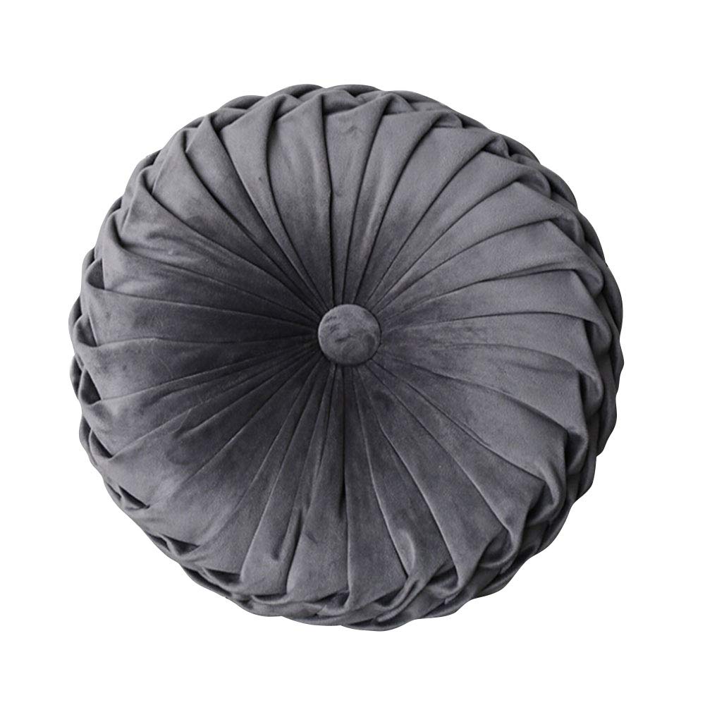 Velvet Round Filled Cushion - Pleated Scatter Pillow for Sofa, Chair, Bed & Car Decor - Soft Home Decorative Throw Pillow (Gray) - Perfect for Living Room, Nursery & Office Comfort