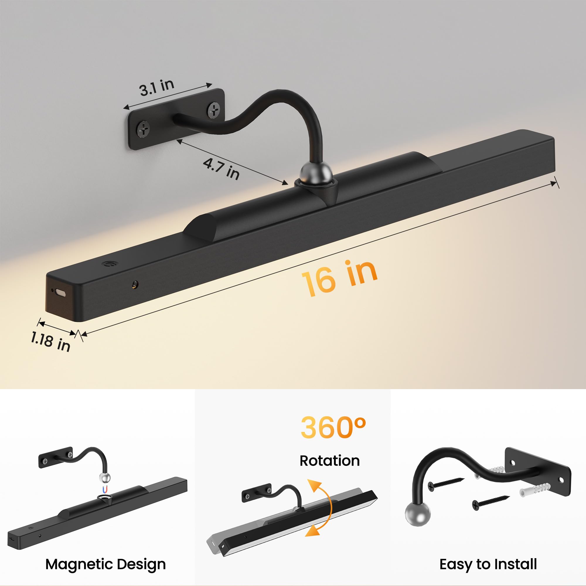 Dimmable Cordless Picture Light with Remote Control & Timer - Rechargeable 5000mAh Battery Wall Sconce for Artwork, Paintings, Photos & Portraits - 16 Inch Adjustable Gallery Lighting - Perfect for Home Decor, Museums & Art Displays (Black)