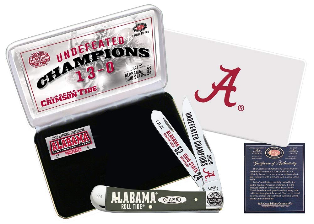 2020 Alabama Undefeated Champions Commemorative Trapper Knife - Laser Etched White Bone Handle - Collectible Pocket Knife for Outdoor Enthusiasts & Sports Fans