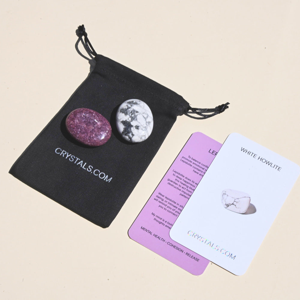 Calming Lepidolite & White Howlite Crystal Pouch - Anxiety Relief, Stress Reduction, Meditation & Sleep Aid