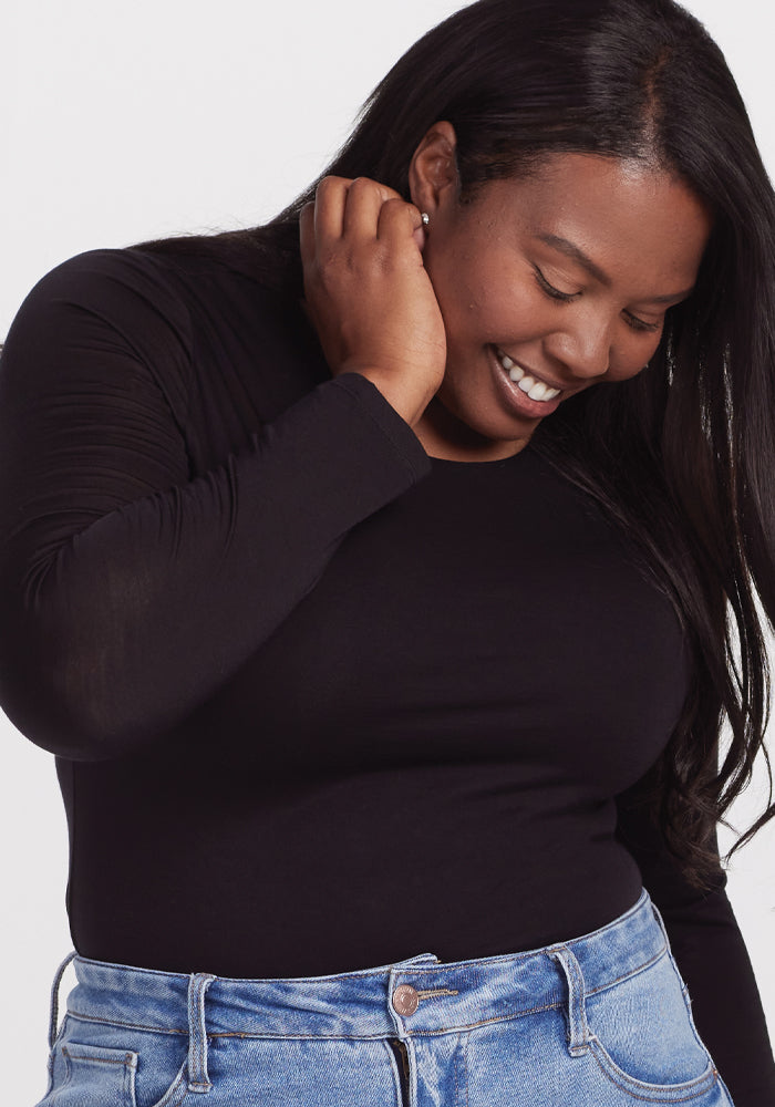 Sophia Women's Black Bodysuit - Stretchy Comfortable T-Shirt Style for Layering, Workout & Everyday Wear