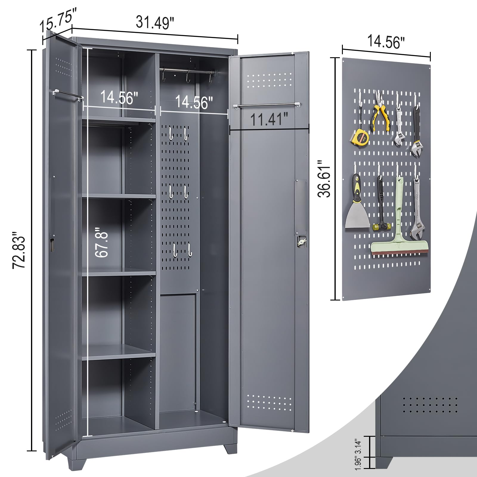 Metal Utility Storage Cabinet with Shelves - Broom Closet Organizer for Cleaning Tools, Laundry Room, Garage & Bathroom - Space-Saving Grey Cabinet for Home Organization