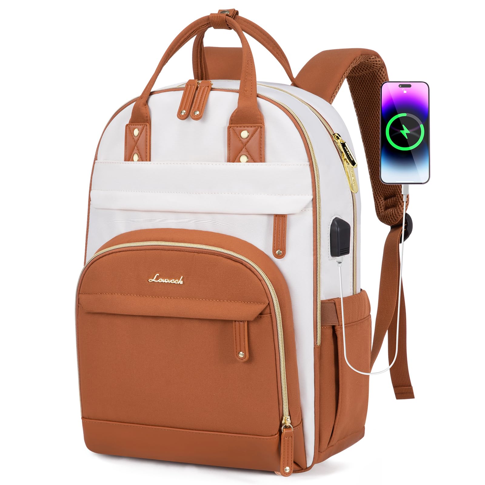 LOVEVOOK 15.6 Inch Anti-Theft Laptop Backpack for Women - Waterproof Professional Business Travel Backpack Purse, College Teacher Work Bag, Stylish Daypack (Beige/Brown) - Perfect for Office Commute, School, Business Trips & Daily Use