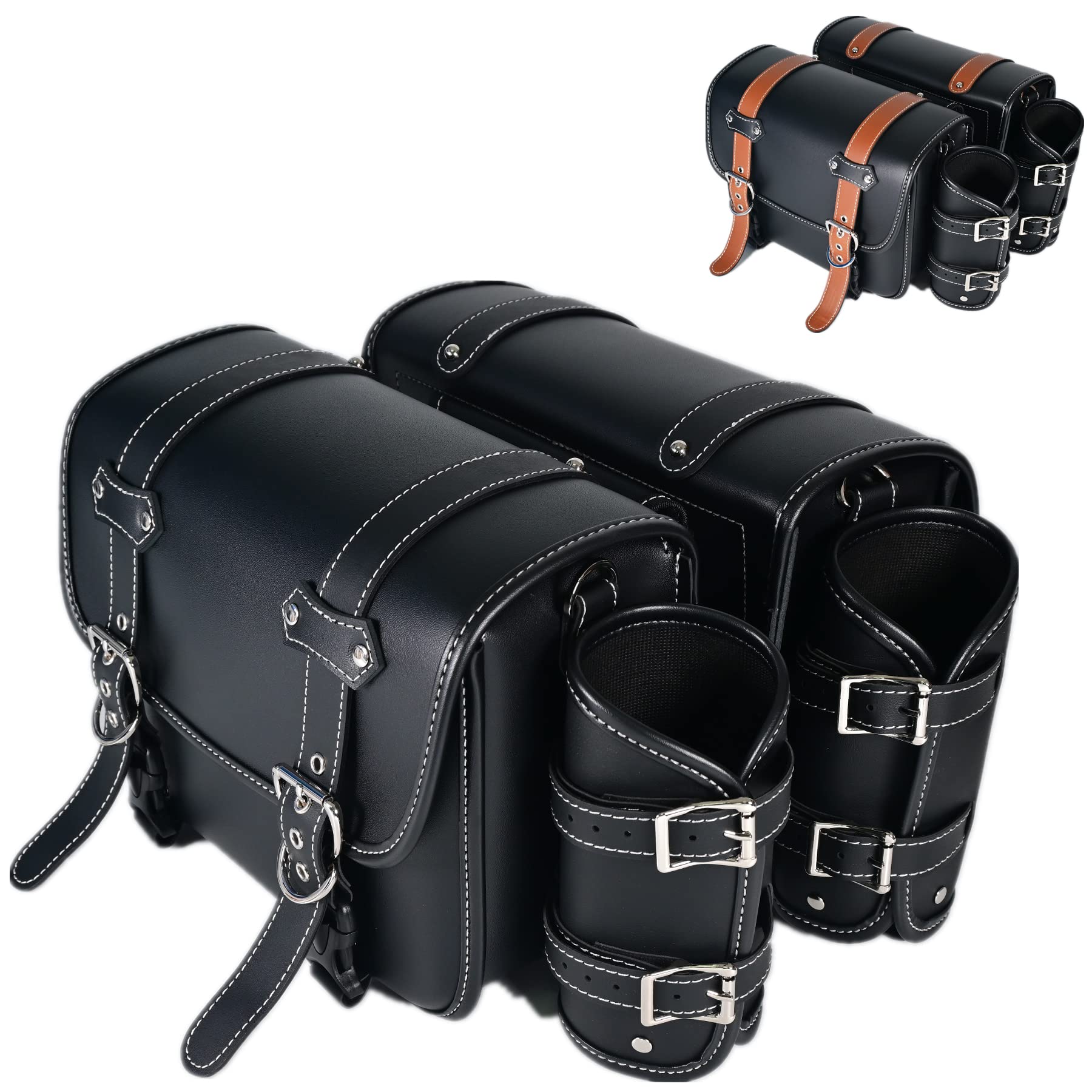 JAIYESOU PVC Leather Motorcycle Saddlebags - Waterproof Throw Over Panniers with Cup Holder & Side Tool Storage | Universal Fit for Motorbikes (1 Pair, Brown Belt & Black) | Perfect for Long Rides, Commuting & Adventure Tours
