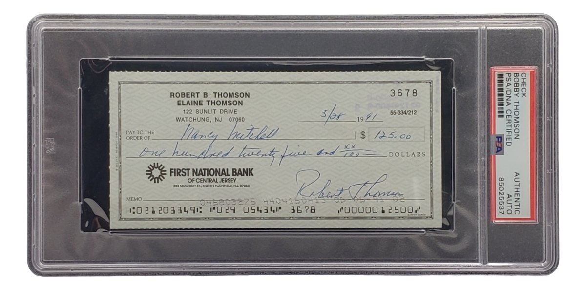 Authentic Bobby Thomson New York Giants Signed Bank Check with PSA/DNA Certification 85025537 - Perfect for Sports Memorabilia Collectors and Baseball Fans
