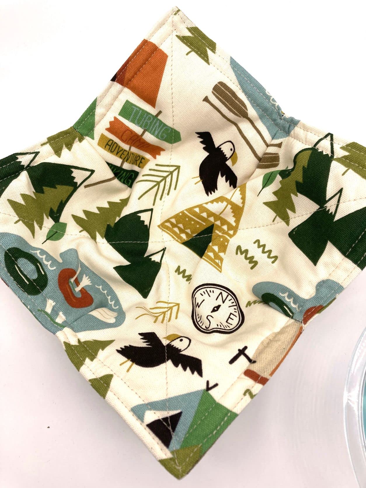 2-Pack Cotton Bowl Cozies - Microwave & Oven Safe Hot Pads for 8 Inch Bowls - Camping, Kitchen & Dining Essentials - Nature Beige Print with Multi-Color Design - Perfect for Hot Dishes, Soups & Baking