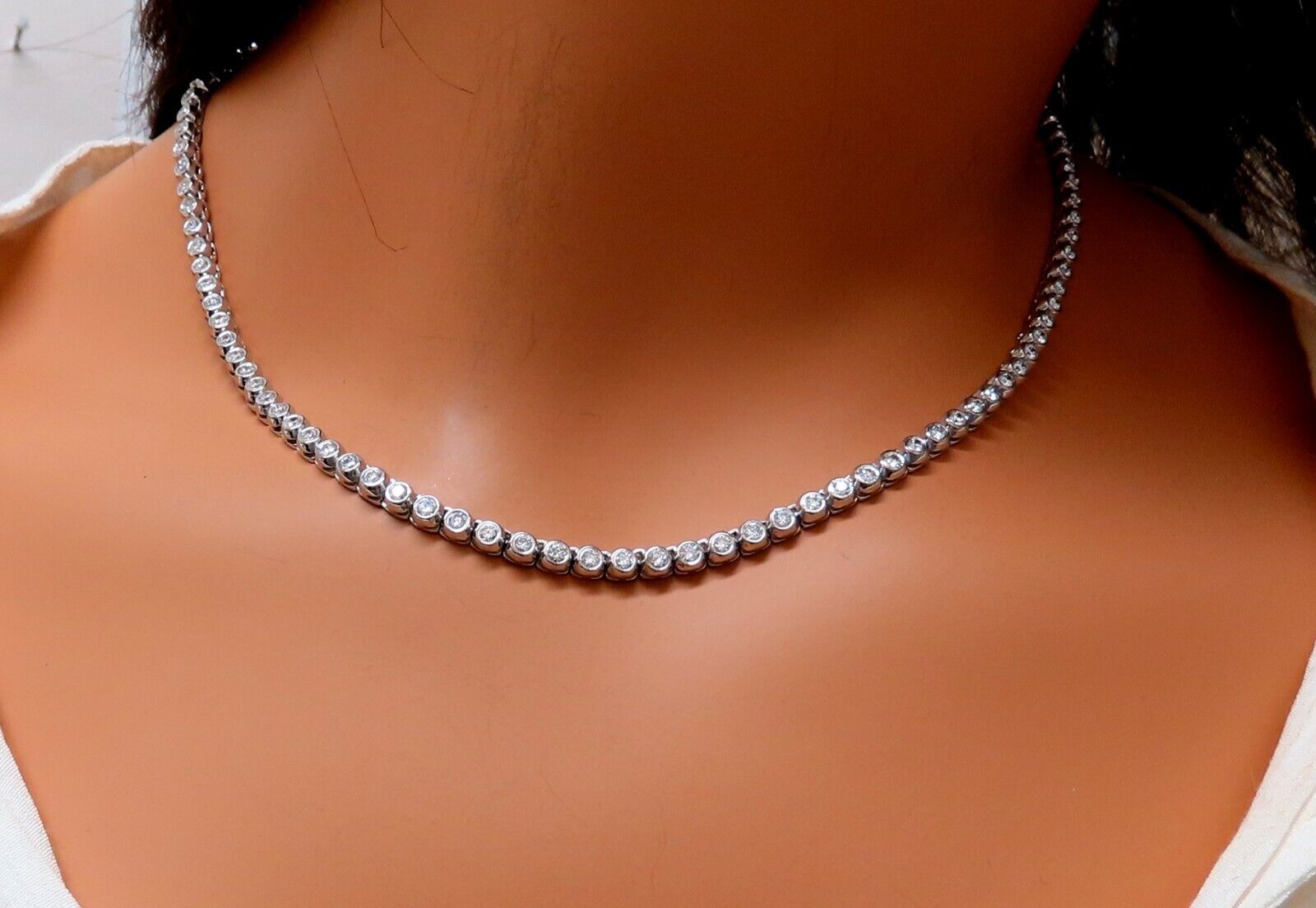 4.74ct Natural Round Diamond Bezel Flush Riviera Tennis Necklace - 14K White Gold Eternity Bridal Jewelry for Weddings & Anniversaries