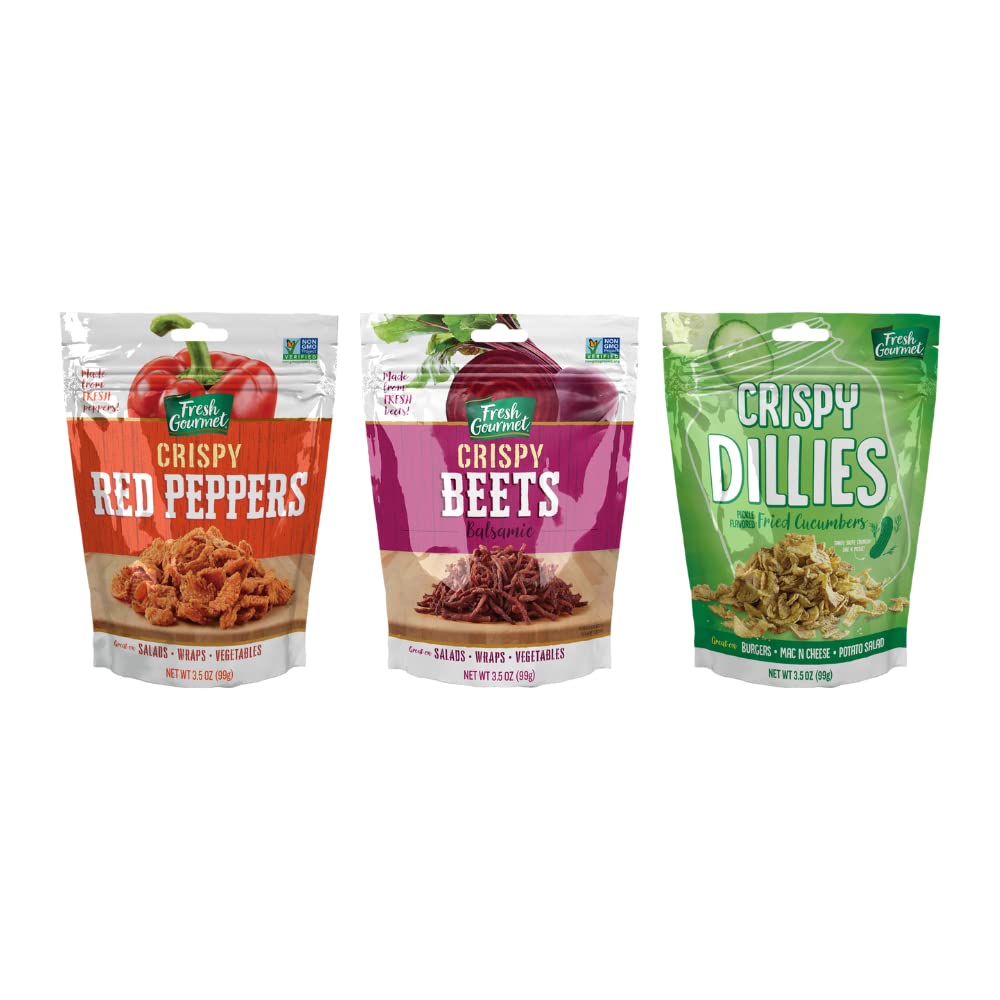 Fresh Gourmet Variety Pack - 3.5oz Crispy Balsamic Beets, Red Peppers & Pickle-Flavored Dillies | Healthy Snacks for Salads, Charcuterie Boards & Party Platters | Vegan, Gluten-Free Crunchy Toppings (3-Pack)