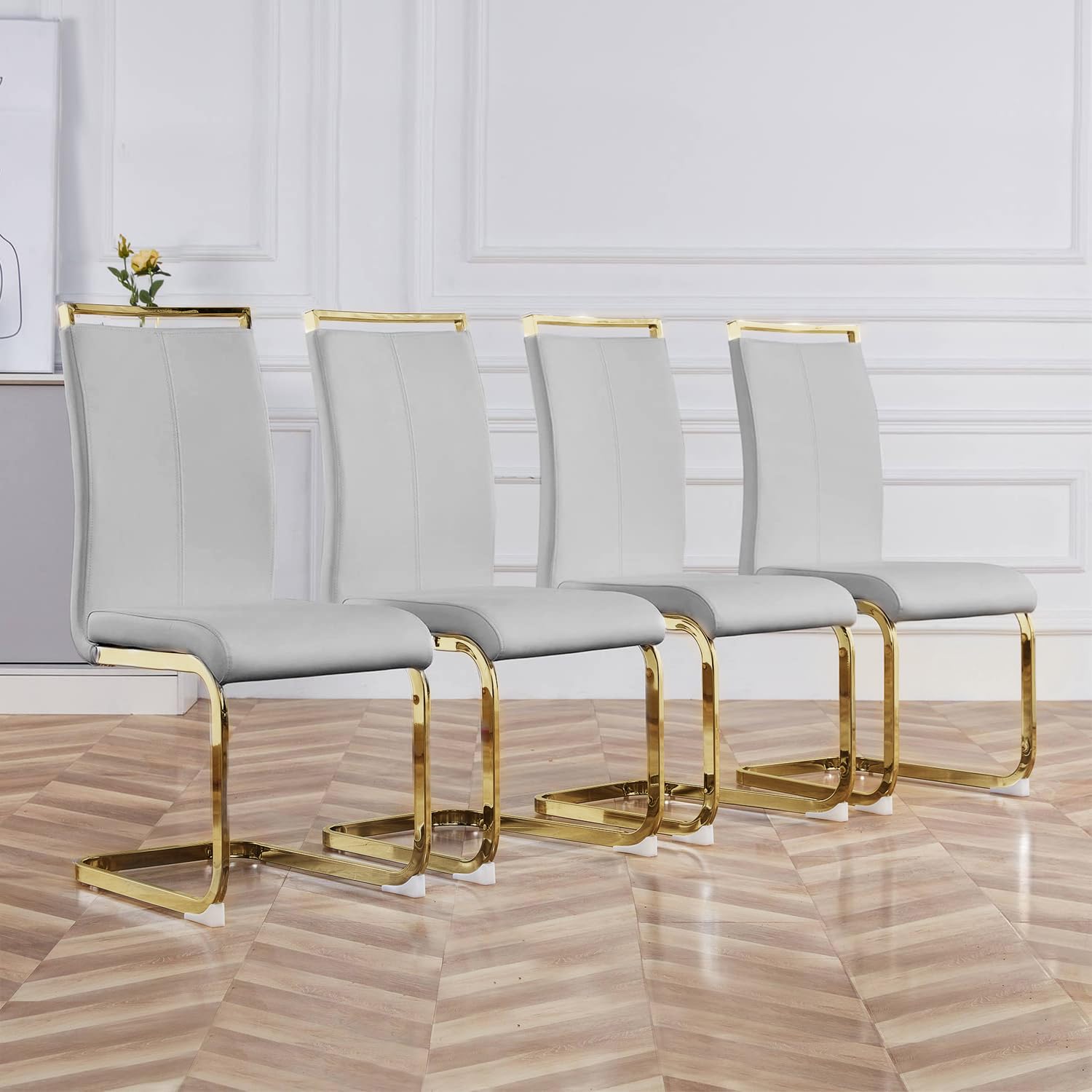Baysitone Modern Dining Chairs Set of 4 - Gold Frame Faux Leather Padded High Back Side Chairs for Kitchen, Dining Room & Living Room - Light Grey - Perfect for Home Decor, Family Gatherings & Dinner Parties