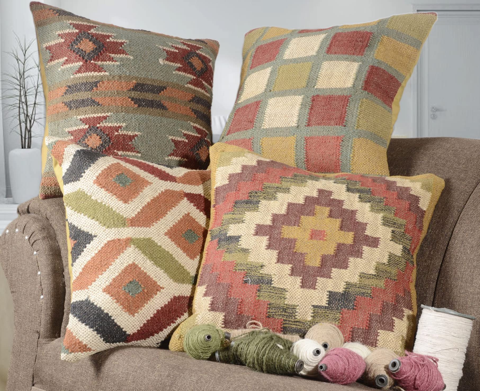 Set of 4 Handmade Indian Jute Pillow Covers 18x18 Inches (45x45 cm) - Natural Square Boho Decorative Throw Pillow Cases for Living Room, Bedroom & Sofa - Perfect for Home Decor, Bohemian Style & Farmhouse Design