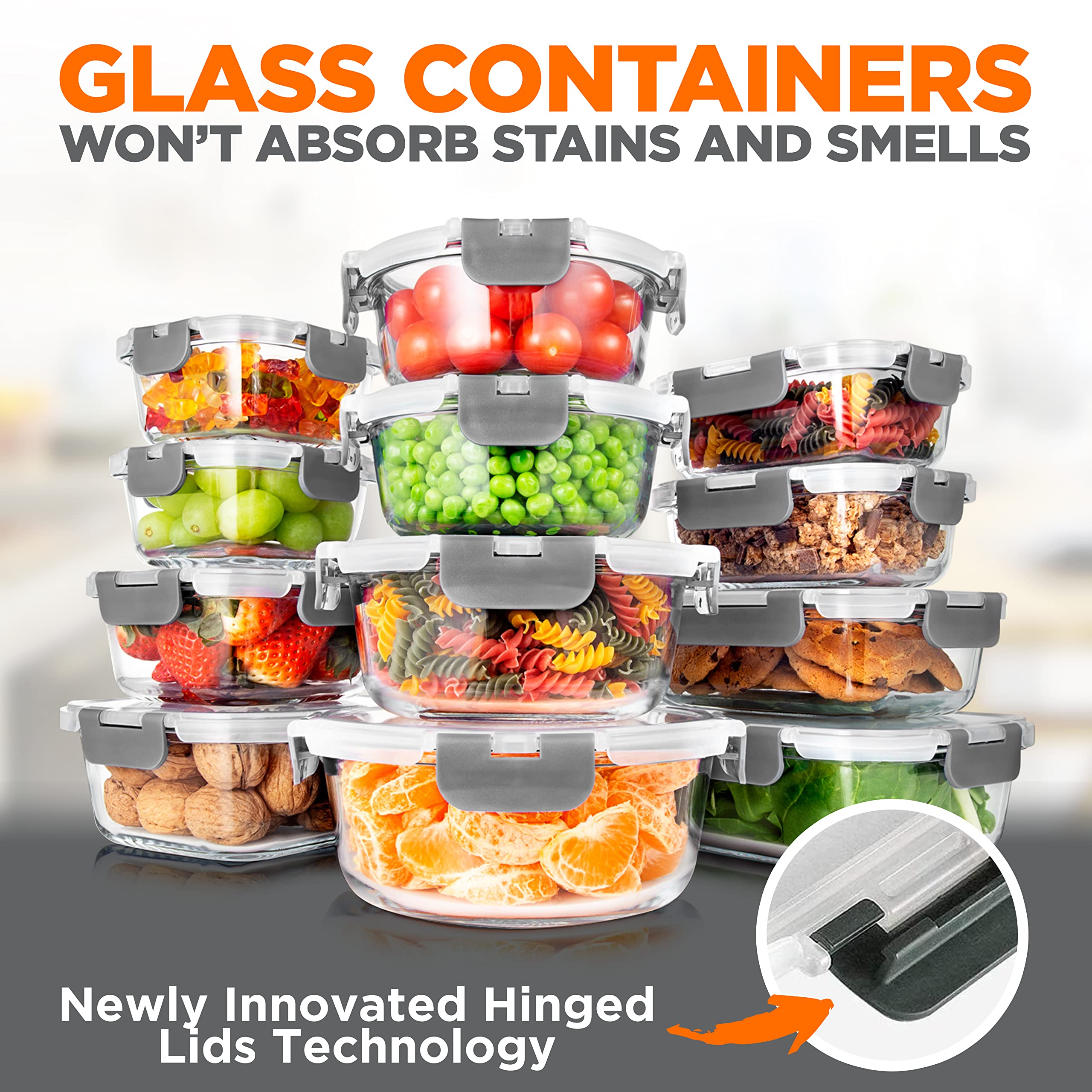 SereneLife 24-Piece Glass Food Storage Containers Set with Lids - 12 Pack Airtight Meal Prep Containers for Lunch, Kitchen & Pantry Organization - Leakproof, Freezer & Dishwasher Safe - Perfect for Meal Prepping, Leftovers & Bulk Food Storage (Gray)