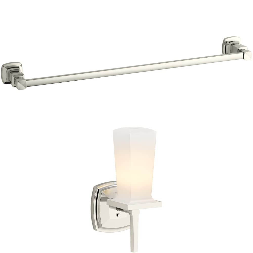 KOHLER Margaux 24-Inch Towel Bar with Vibrant Polished Nickel Finish & 1 Light Sconce Set - Perfect for Bathroom, Spa, and Luxury Home Decor