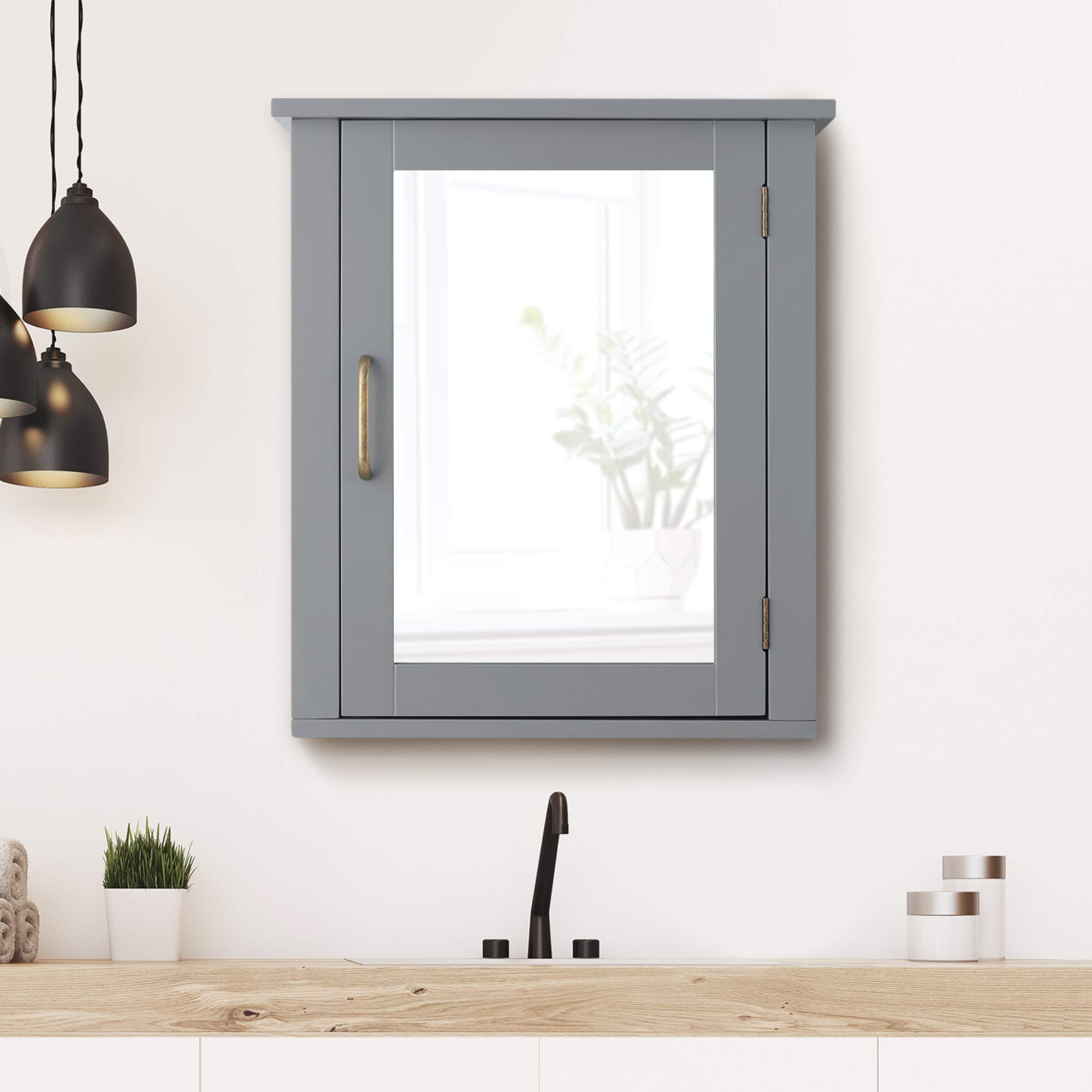 Teamson Mercer Grey Wooden Wall Cabinet with Mirror for Bathroom Storage
