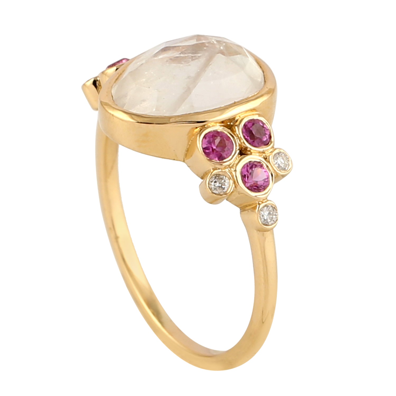 Moonstone Bezel Pink Sapphire Diamond Designer Ring in 14K Yellow Gold | Elegant Jewelry for Weddings, Anniversaries & Special Occasions