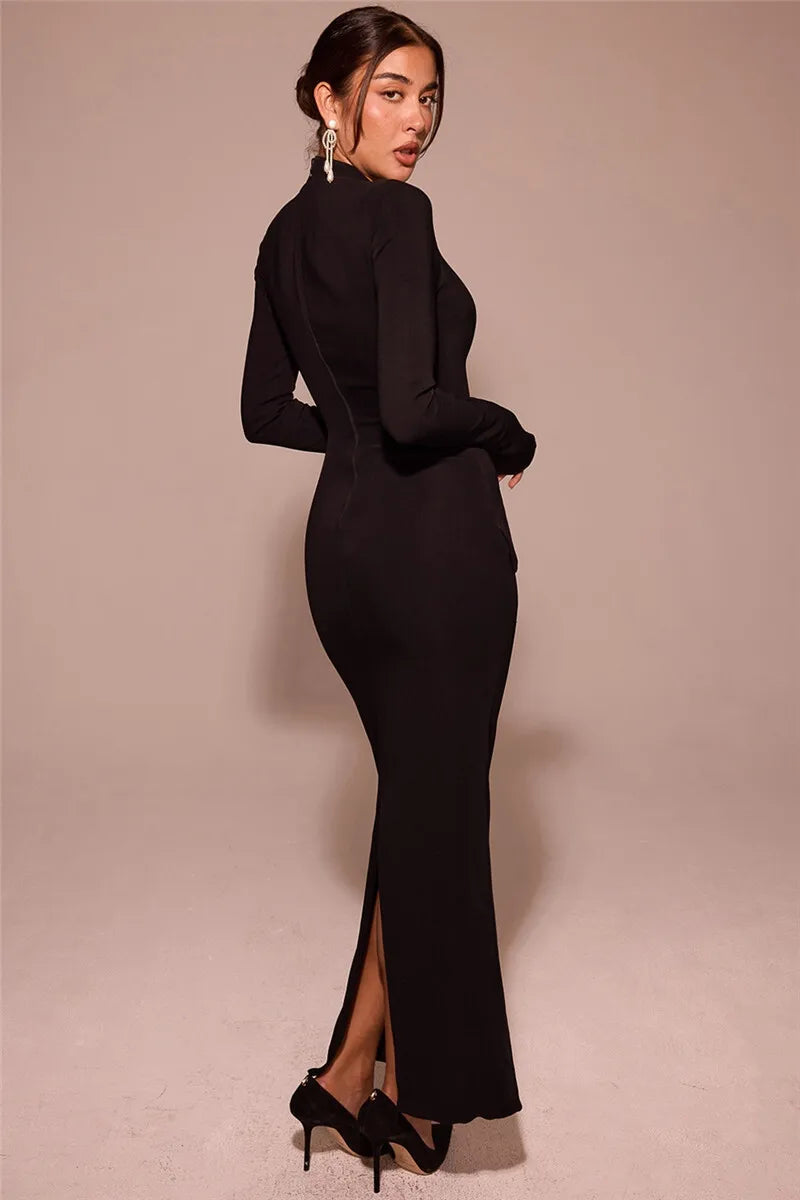 Elegant Black Long Sleeve Bodycon Maxi Dress for Women - O Neck with Two Pockets & Back Split - Perfect for Fall Winter Fashion, Date Nights, and Evening Parties