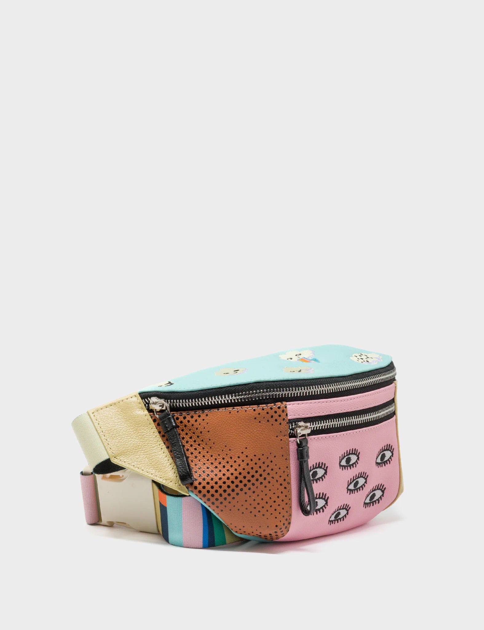 Harold Fanny Pack Cocoon Leather Bag with Happy Clouds Embroidery - Stylish Waist Pack for Travel, Hiking & Everyday Use