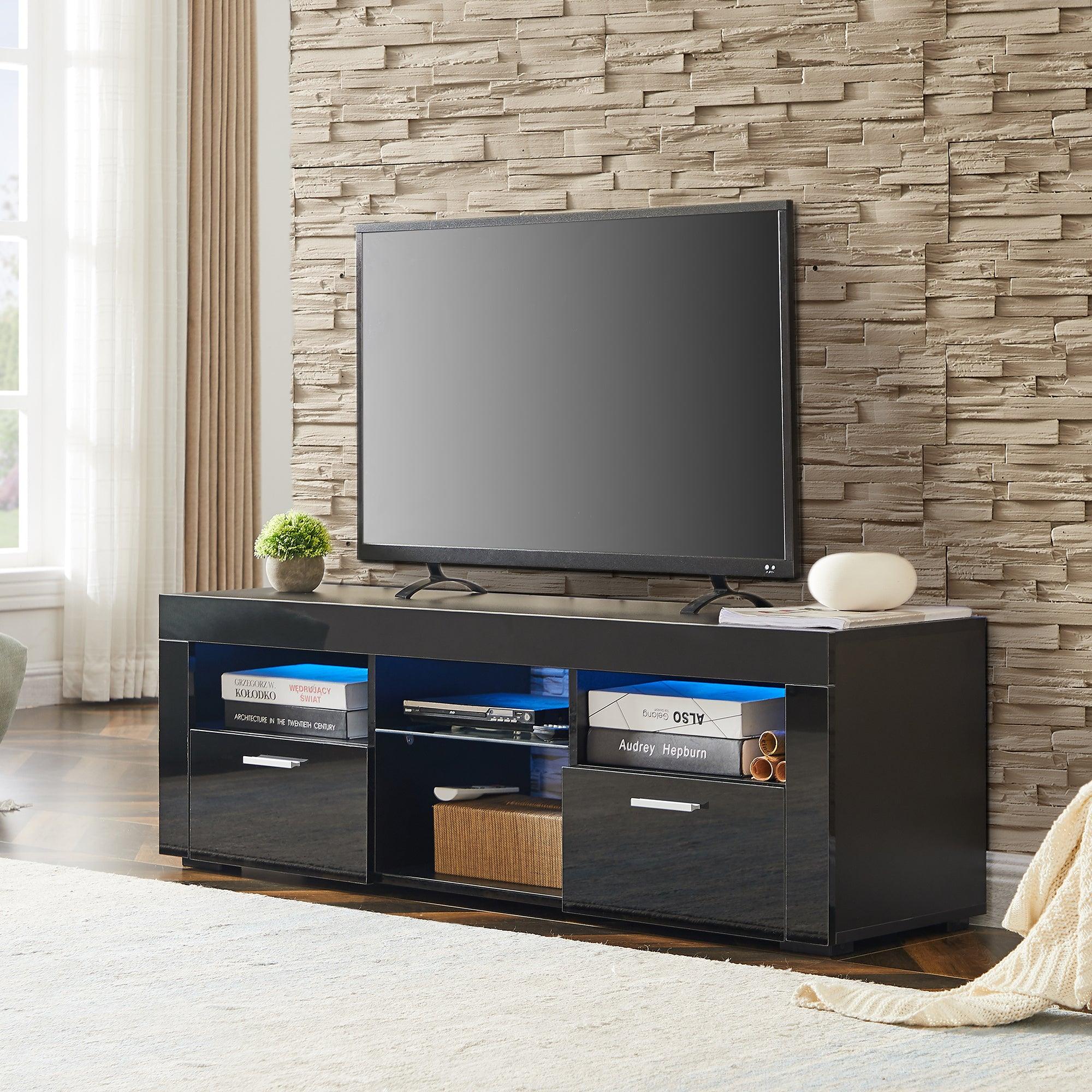 Modern Black TV Stand with LED Lights - High Glossy TV Cabinet for Living Room, Bedroom & Lounge - Easy Assembly - Perfect for Movie Nights & Entertainment Spaces