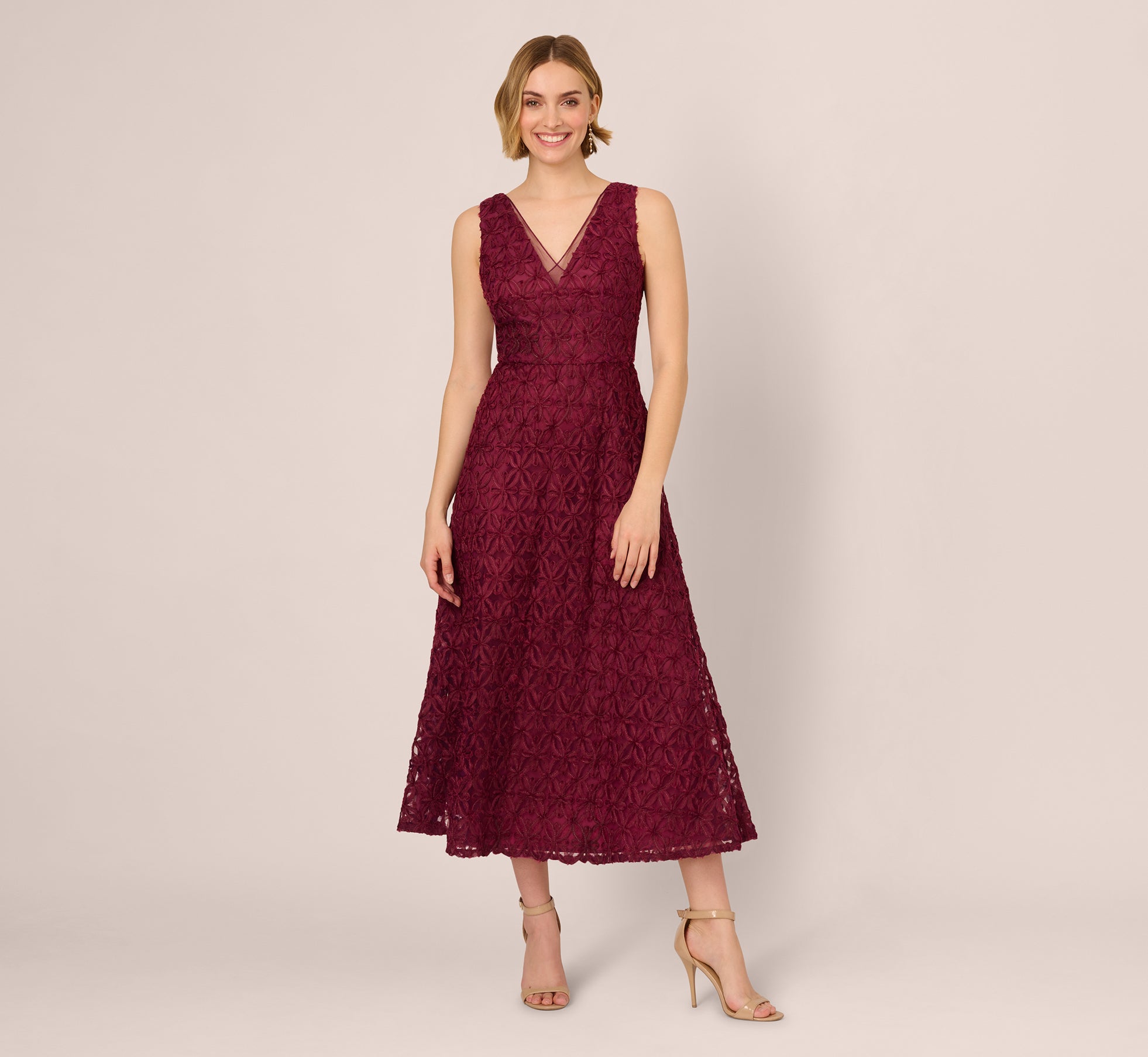 Sleeveless Soutache Embroidered Midi Dress in Light Wine - Elegant Cocktail Party & Summer Wedding Guest Outfit