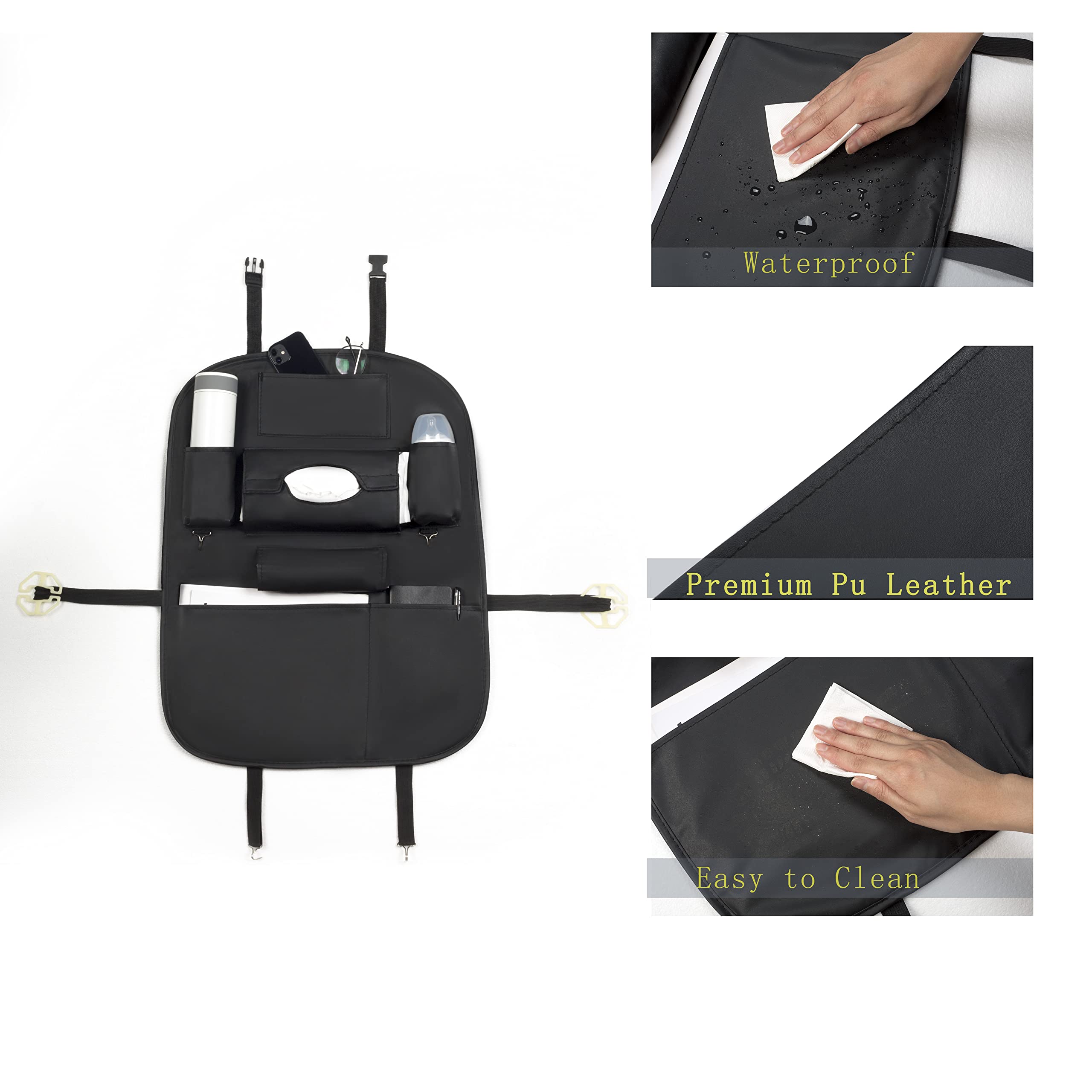 Premium PU Leather Car Backseat Organizer with Foldable Table - Multi-Pocket Storage, Adjustable Buckle Strap - Beige | Perfect for Road Trips, Family Travel & Kids Snack Organization