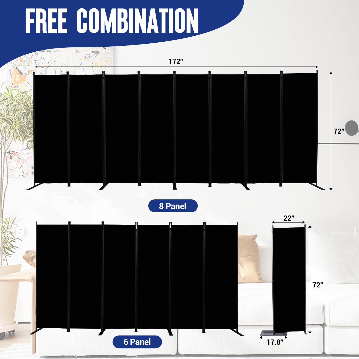8-Panel Folding Room Divider Privacy Screen - 14.67 Ft Wide Portable Partition for Office, Bedroom, Studio & School - Black Space Separator for Home Decor, Events & Temporary Walls