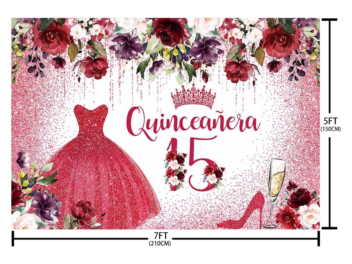 7x5ft Happy 15th Birthday Backdrop for Girls - Burgundy Red Floral Quinceañera Photography Background with Crown Design | Perfect for Princess Themed Birthday Parties, Cake Tables, and Celebration Decorations (CQ307)
