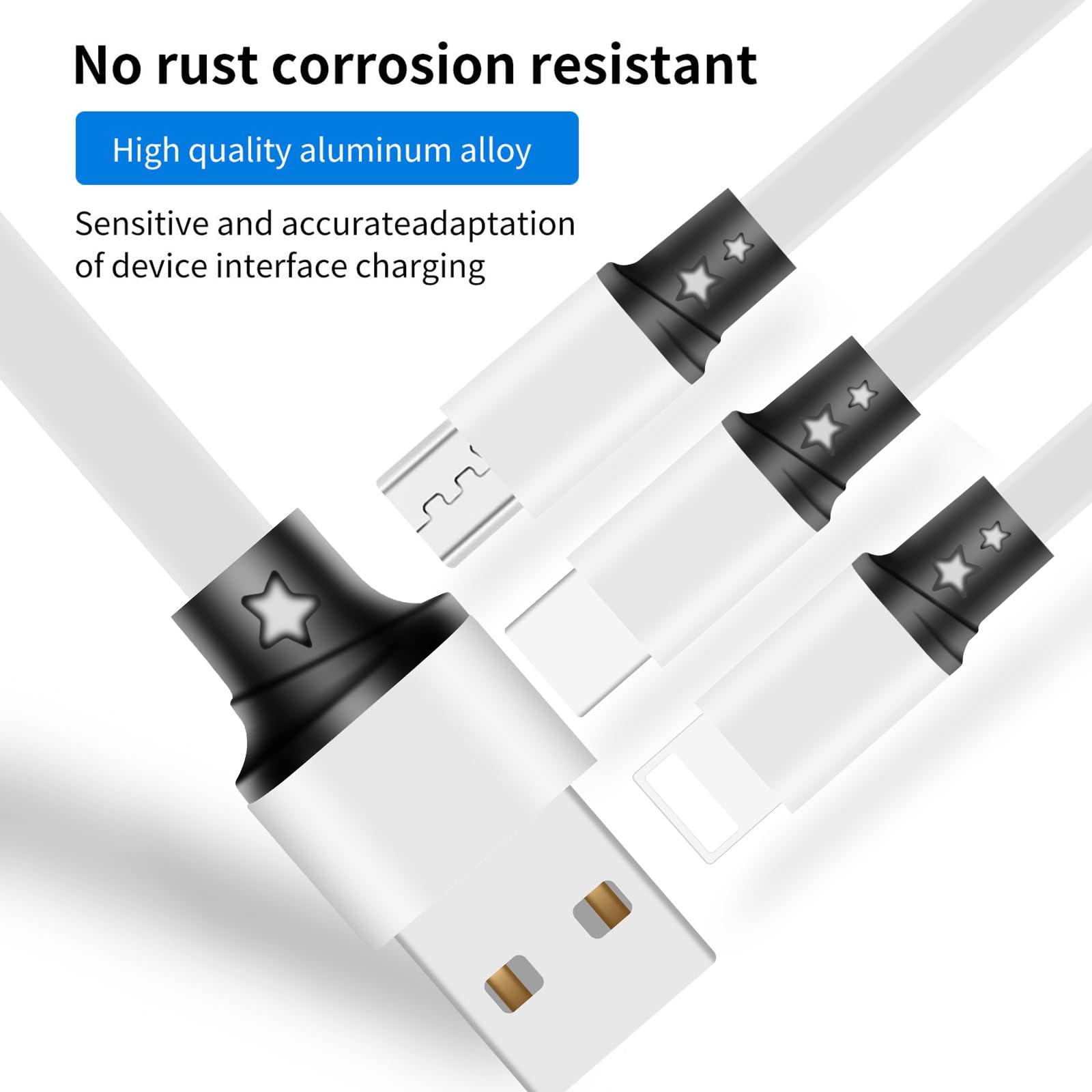 SDBAUX 2-Pack Retractable 3-in-1 USB Charger Cable (4ft) - Type C/Micro USB/Lightning Compatible with iPhone, Samsung, iPad & More - Fast Charging for Home, Office & Travel (White)