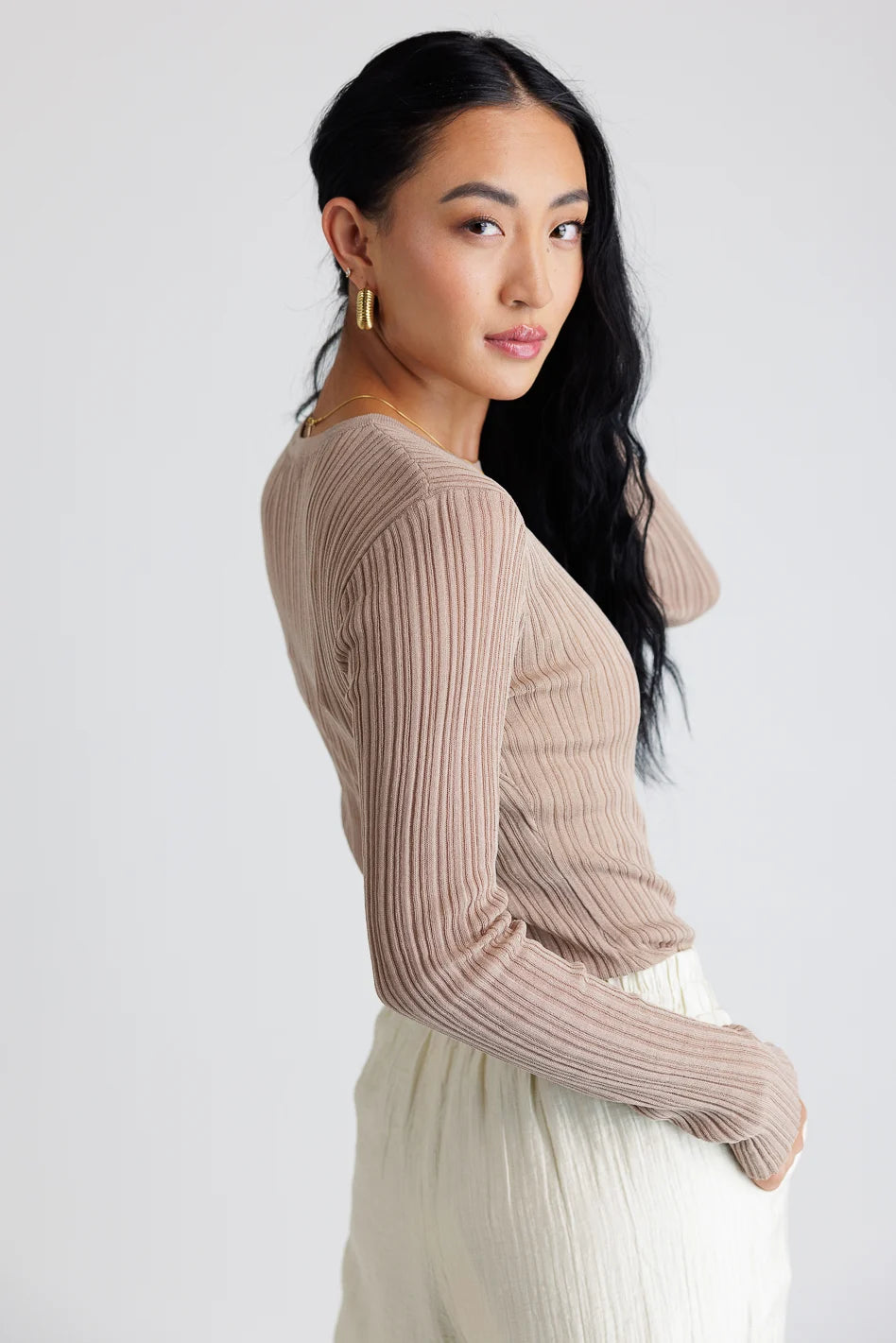 Mauryn Women's Ribbed Knit Top in Khaki - Slim Fit Casual Shirt for Everyday Wear | Perfect for Office, Date Night & Weekend Outings