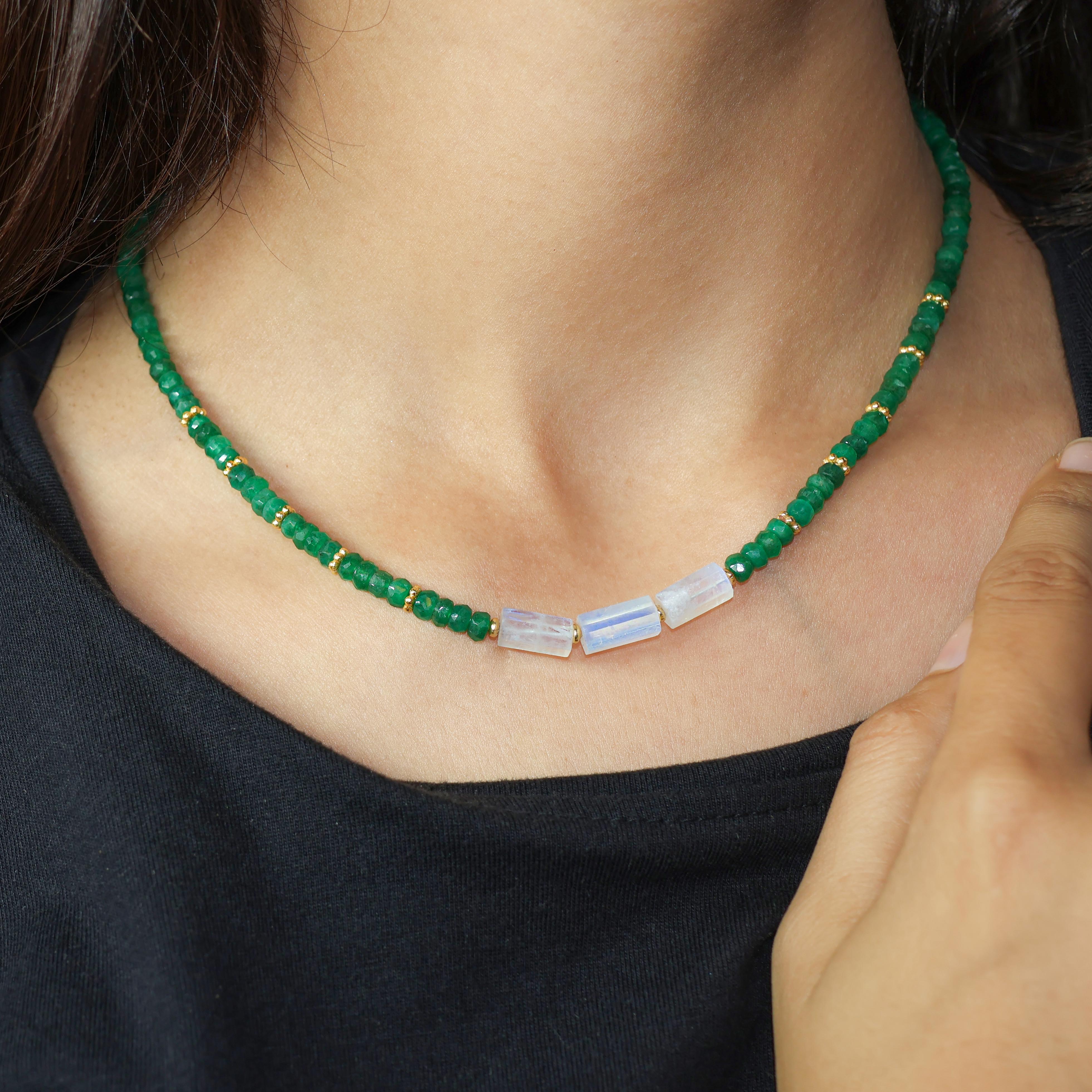White Rainbow Moonstone Pencil Necklace with Emerald Beads - Elegant Crystal Jewelry for Women, Perfect for Weddings, Parties & Everyday Wear