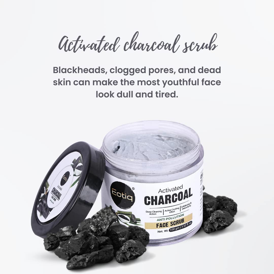 Eotiq Activated Charcoal Face Scrub - Deep Cleansing Exfoliator for Acne, Blackhead & Dead Skin Removal - 100g | Purifying Facial Treatment for Oily & Combination Skin | Perfect for Daily Skincare Routine
