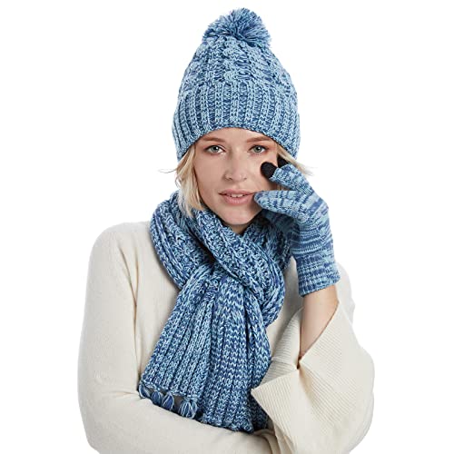 Cozy Fleece Lined Cable Knit Beanie Hat, Scarf & Gloves Set for Women & Men - Winter Warm Accessories for Skiing, Snowboarding & Outdoor Activities