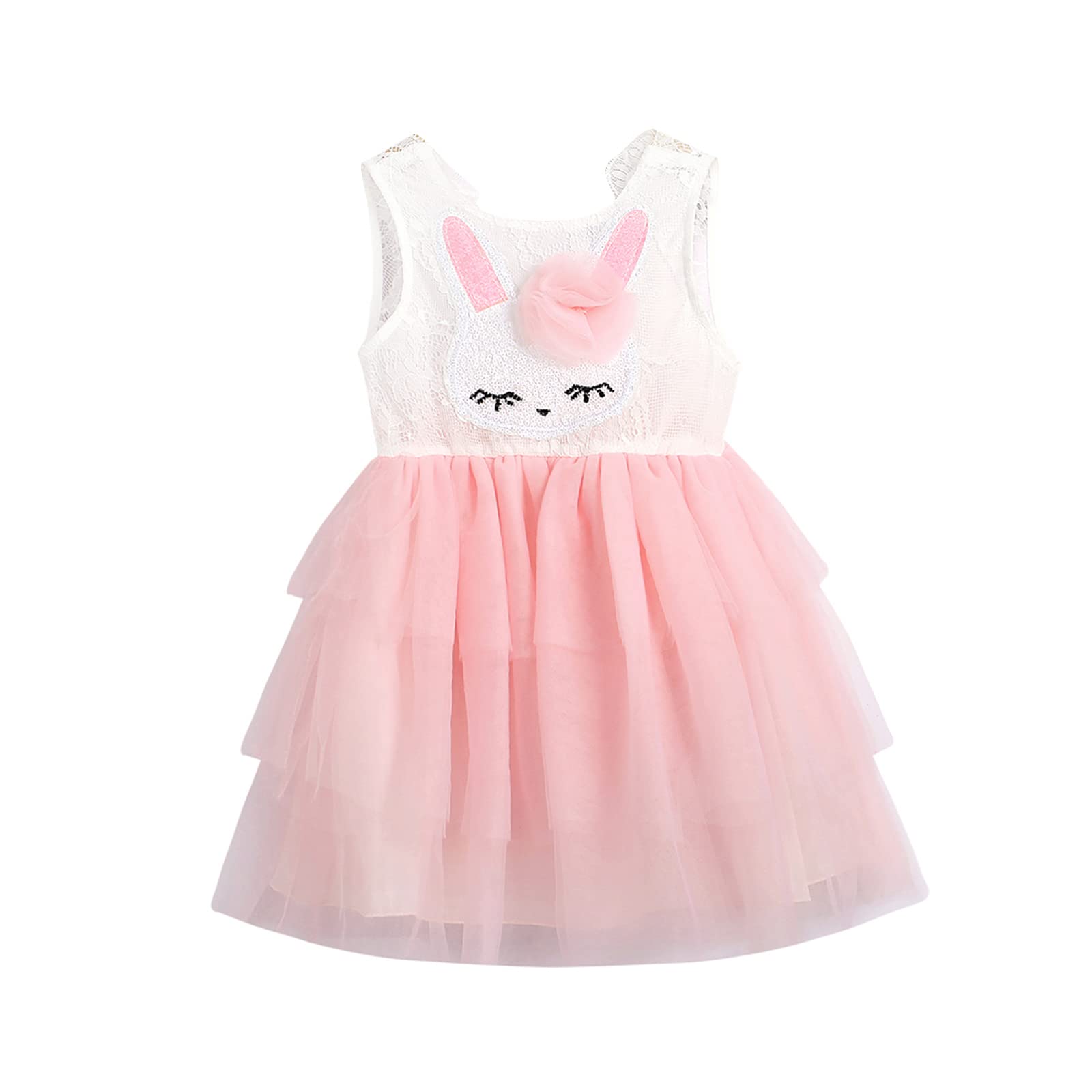 Votuleazi Toddler Girl Easter Bunny Embroidery Sleeveless Mesh Tutu Dress - Pink Patchwork Party Dress for Spring, Easter, Birthday & Special Occasions