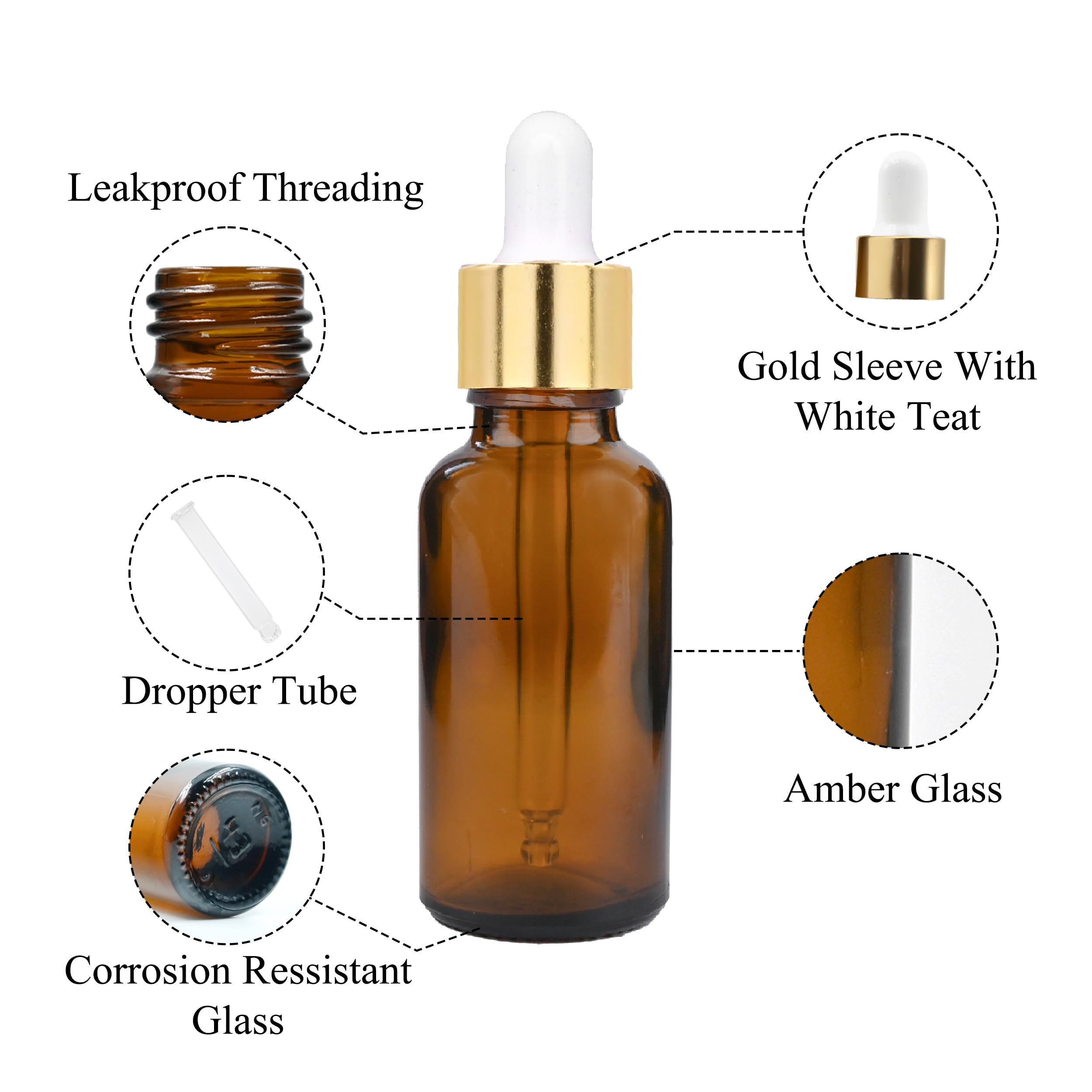 Happy Packaging 30ML Amber Round Empty Glass Bottle with Glass Dropper & Gold Sleeve - Leak Proof Refillable Essential Oil Bottles for DIY Perfumes, Serums, Aromatherapy - Perfect for Home, Spa, and Travel Use
