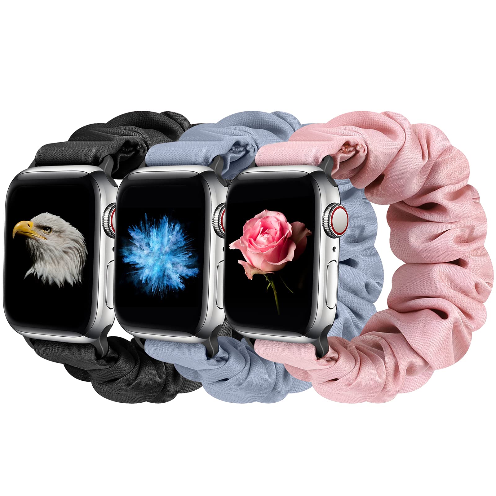 Tiptops 3 Pack Apple Watch Bands 38mm-49mm - Soft Fabric Scrunchies Wristbands for Women, Compatible with iWatch Ultra 2, Series 10/9/8/7/6/5/4/3/2/1/SE - Stylish Printed Elastic Straps for Workout, Office & Casual Wear