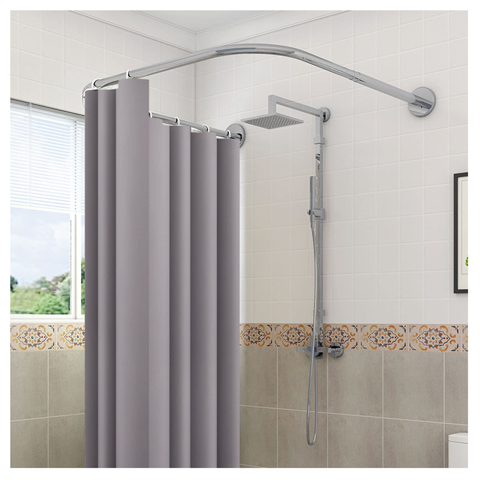 Stainless Steel Adjustable Tension Shower Curtain Rod - No Drill U-Shaped Curved Shower Rail, Heavy Duty Extendable Bathroom Pole for Bath/Shower Curtains - Perfect for Small Spaces & Rental Apartments