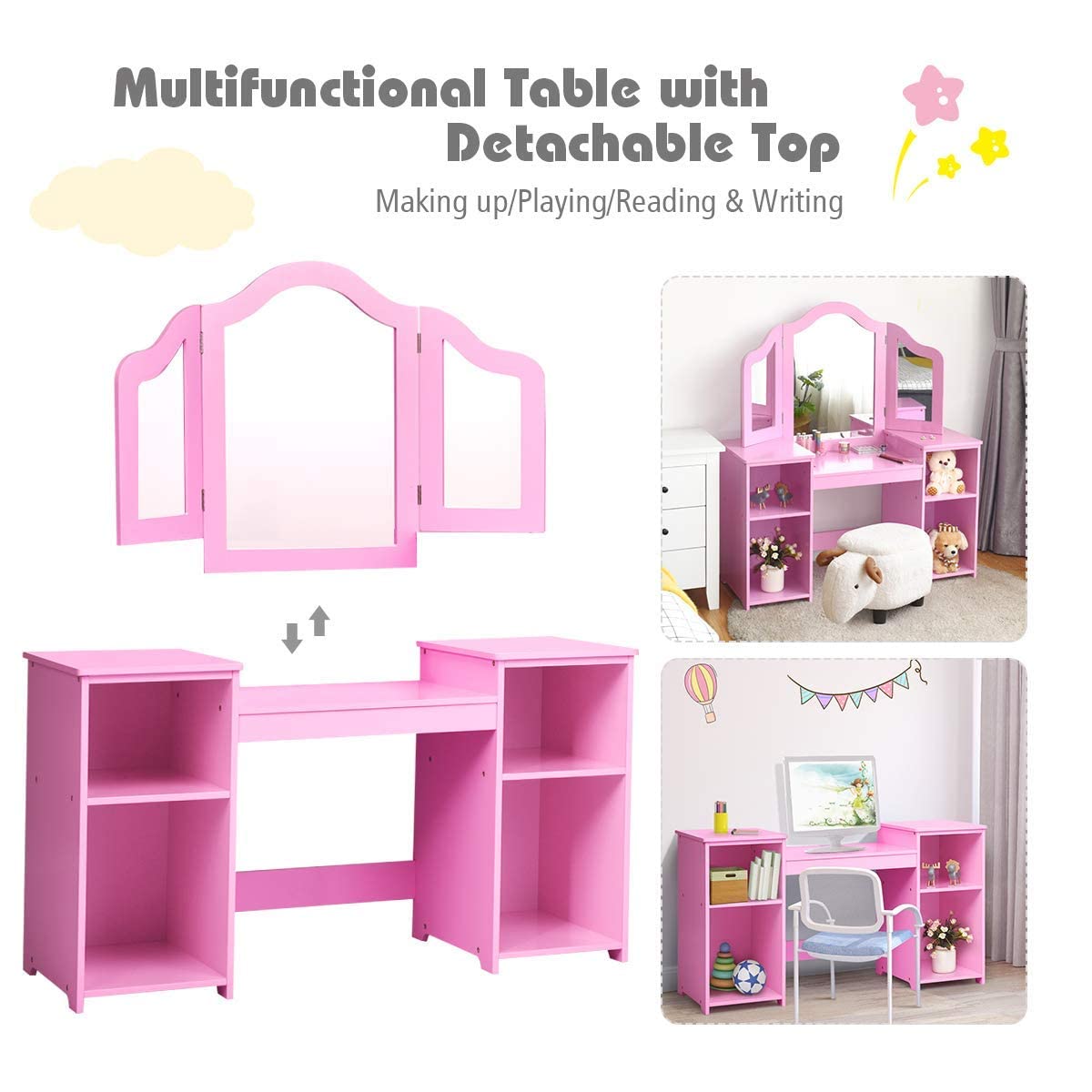 MAT EXPERT Kids Vanity Table Set with Tri-Folding Mirror - Wooden Princess Dresser with 4 Storage Shelves & Detachable Plastic Mirror - Pretend Play Makeup Dressing Table for Girls (Pink) - Perfect for Bedroom Decor, Birthday Gifts & Role Play Activities