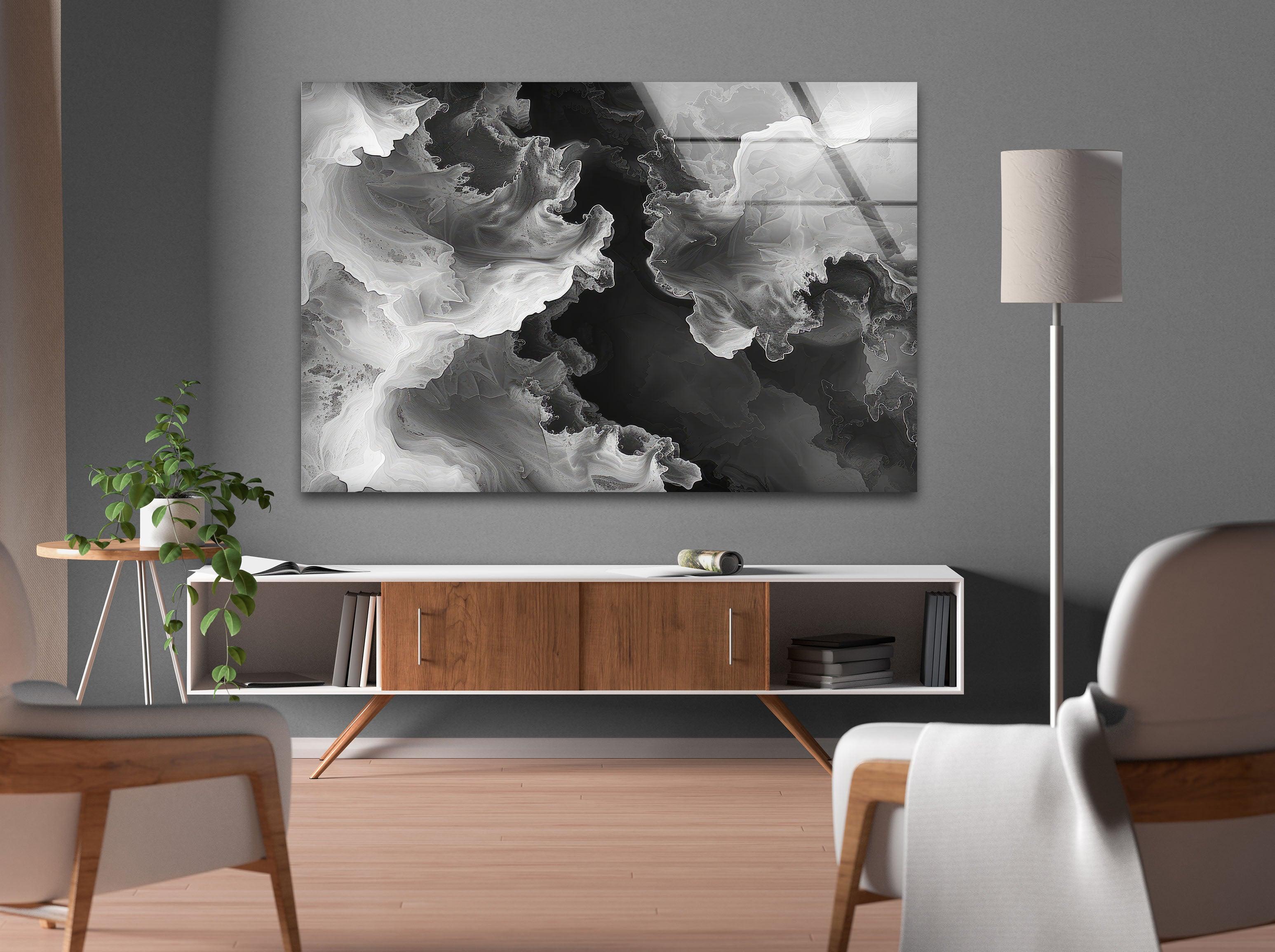 Modern Black & White Abstract Wave Glass Wall Art - Handmade Contemporary Home Decor for Living Room, Bedroom & Office