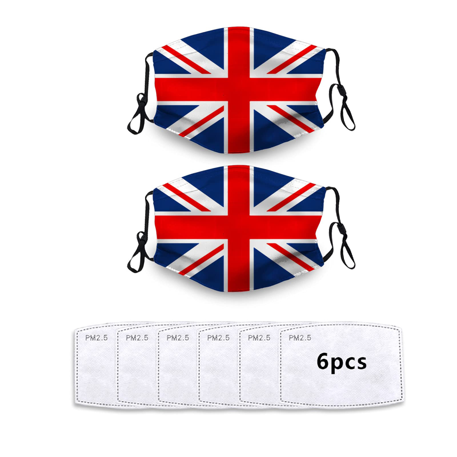 UK Flag Face Masks Set - 2 Reusable Bandanas with 6 Filters for Adults & Kids - Outdoor Travel Protection