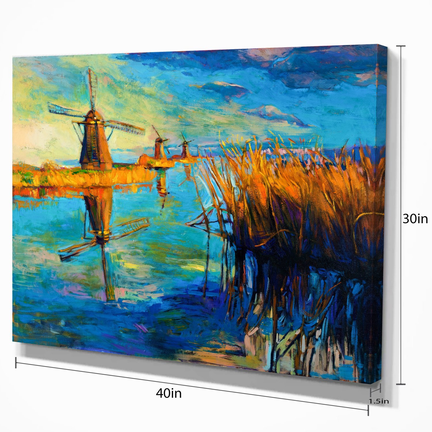 Windmills with Sky and Water Landscape Art Print Canvas - Scenic Dutch Countryside Wall Decor for Living Room, Bedroom & Office