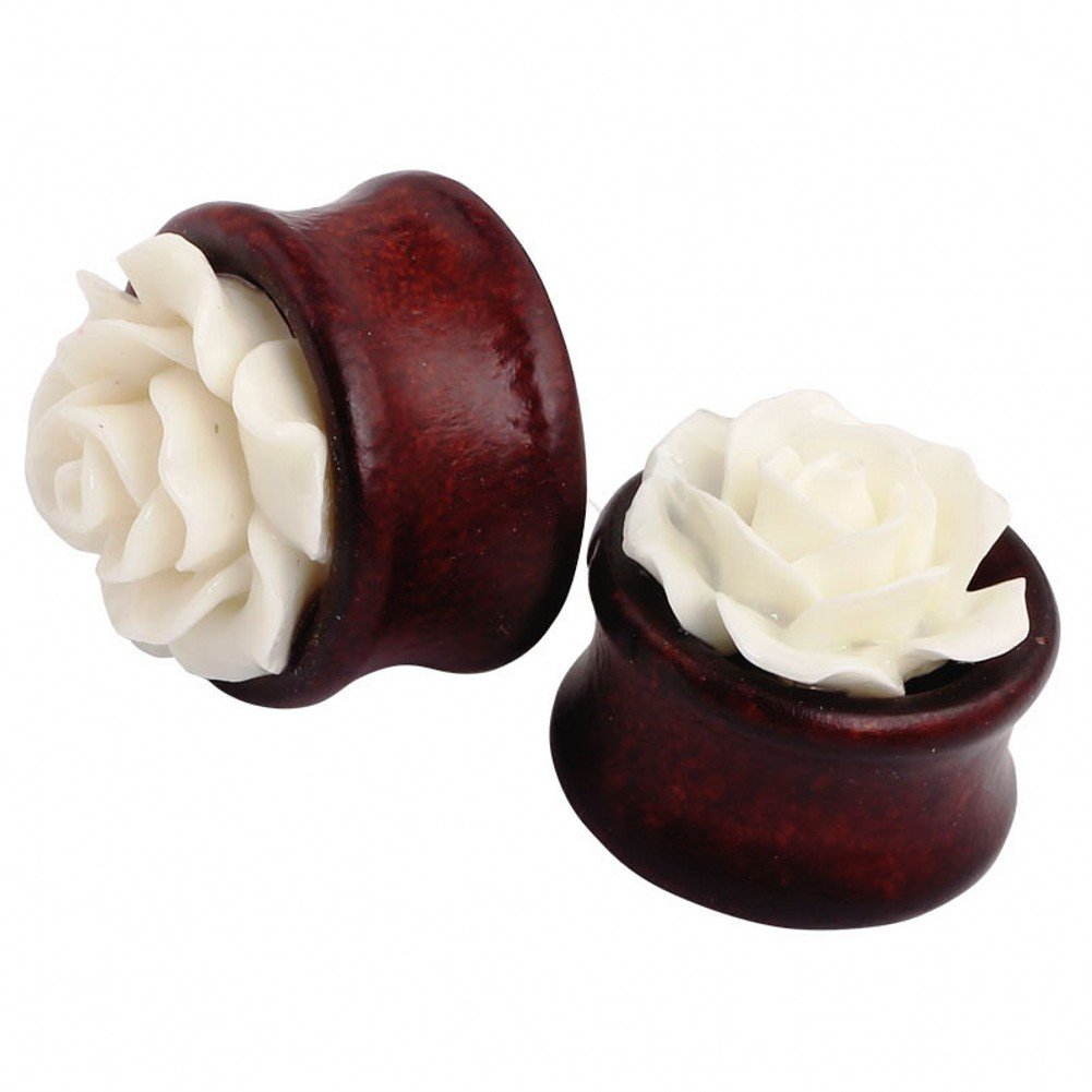 Natural Bamboo Wood Hollow Ear Plugs - White Rose Flower Ear Tunnels for Women | Boho Chic Body Jewelry for Pierced Ears | Perfect for Concerts, Festivals & Everyday Wear