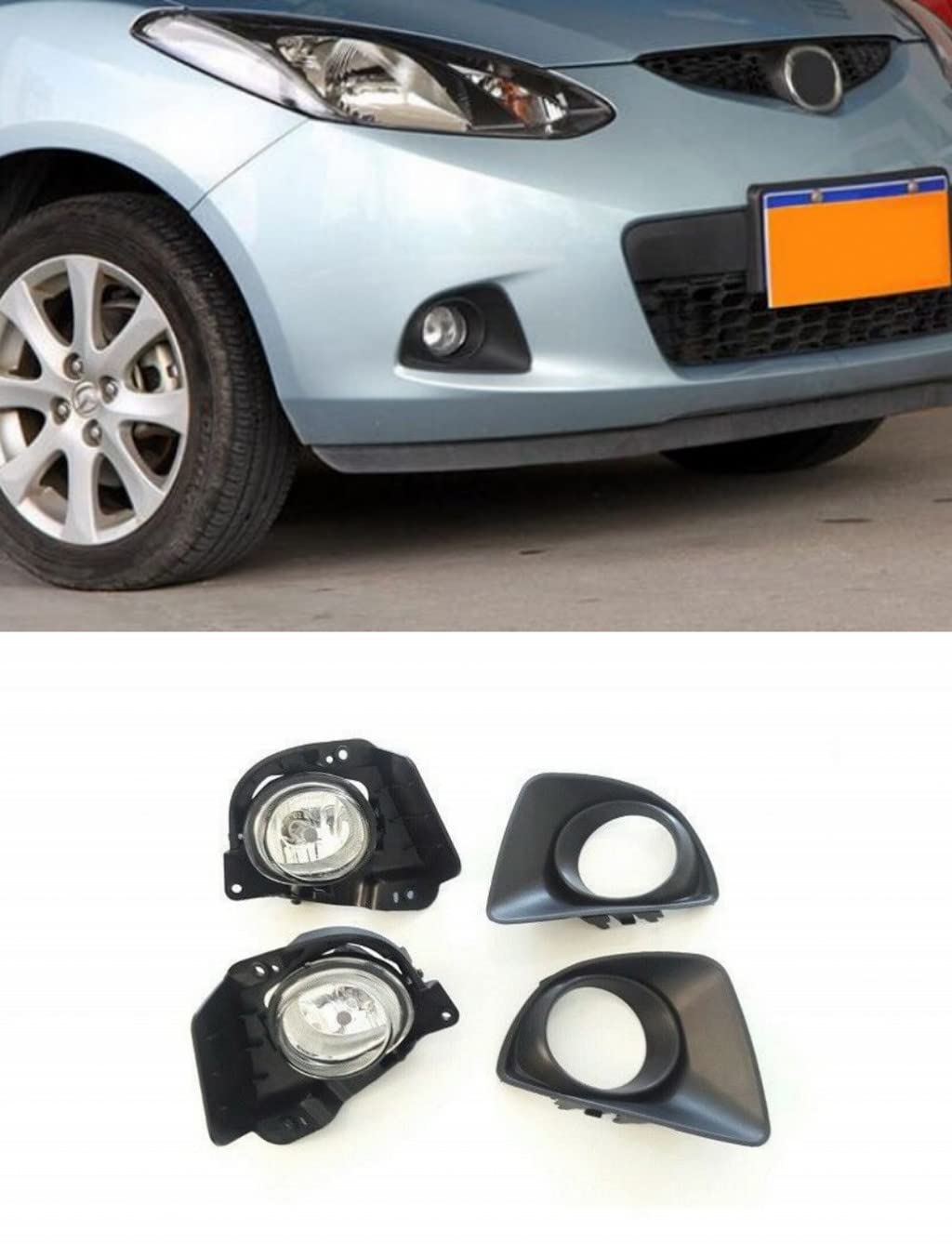 2007-2011 MAZDA 2 Clear Front Fog Light Replacement Lamps - Complete Assembly Kit (Pair) - Perfect for Night Driving & Bad Weather Visibility
