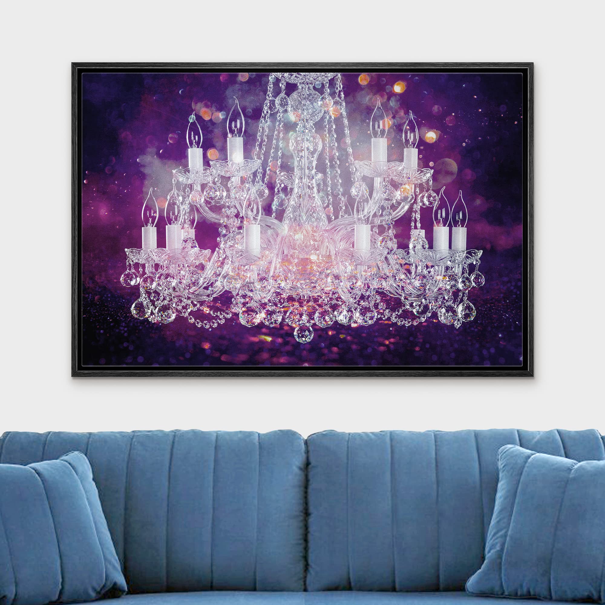 Purple Glitter White Crystal Chandelier Framed Canvas Wall Art - 16x24 Inch Contemporary Home Decor for Living Room, Bedroom & Office - Elegant Digital Print Creates Relaxing & Calming Atmosphere