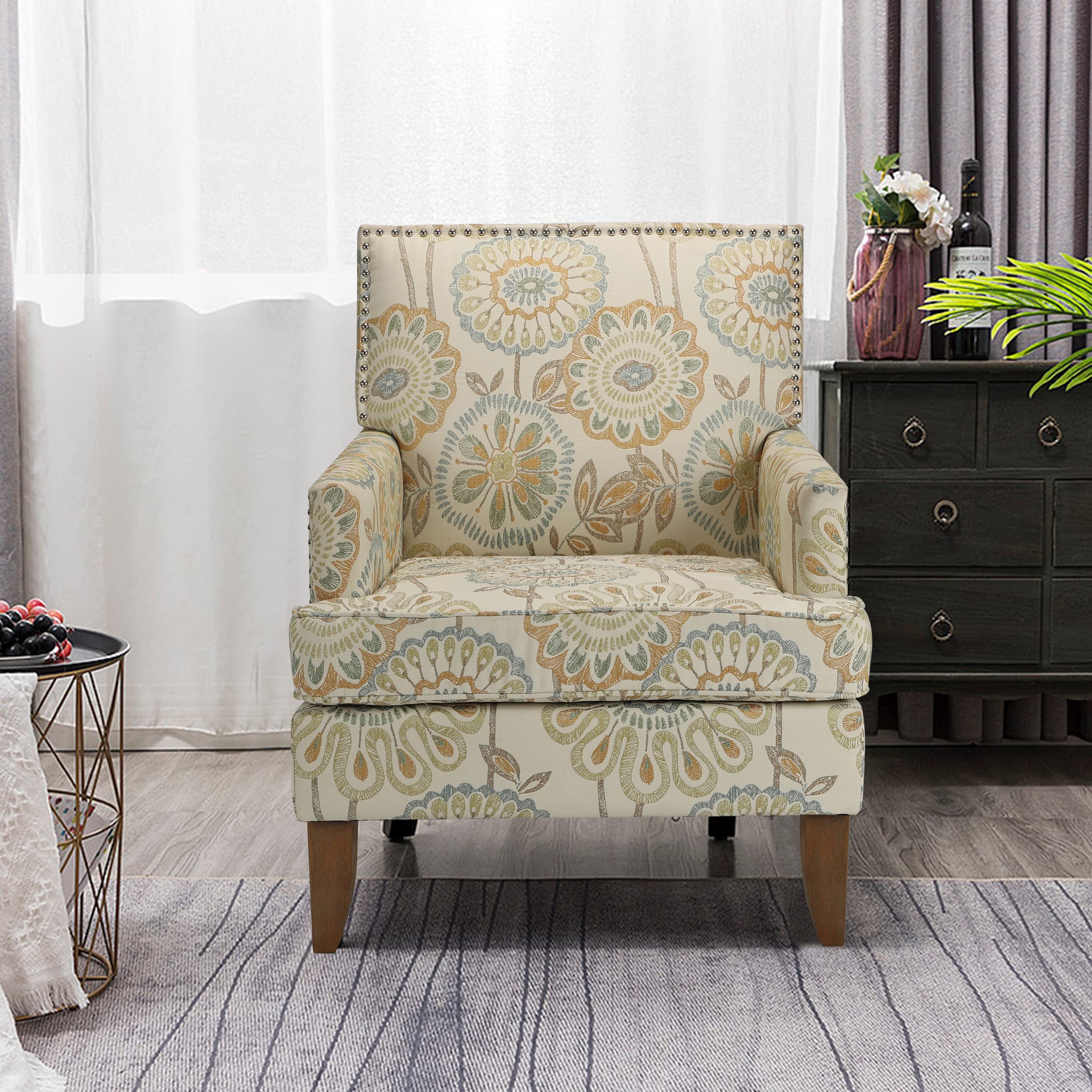 Mid Century Wingback Accent Chair with Thick Cushions & Wooden Legs - Upholstered Fabric Armchair for Living Room, Bedroom, Office - Comfy Club Chair in Beige & Yellow - Perfect for Reading Nooks, Home Theaters & Cozy Corners