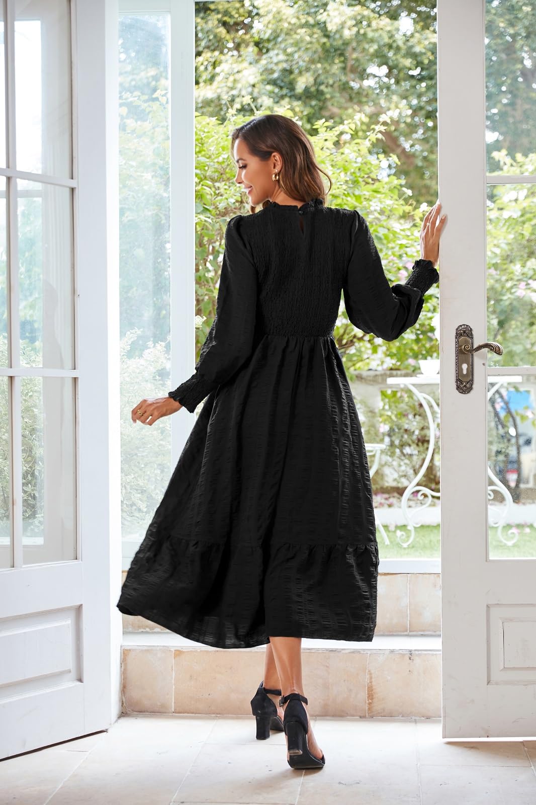 **Women's 2025 Spring & Fall Midi Dress - Casual Long Sleeve Crew Neck Smocked Tiered Flowy Dress with Pockets - Perfect for Work, Date Night & Outdoor Events**
