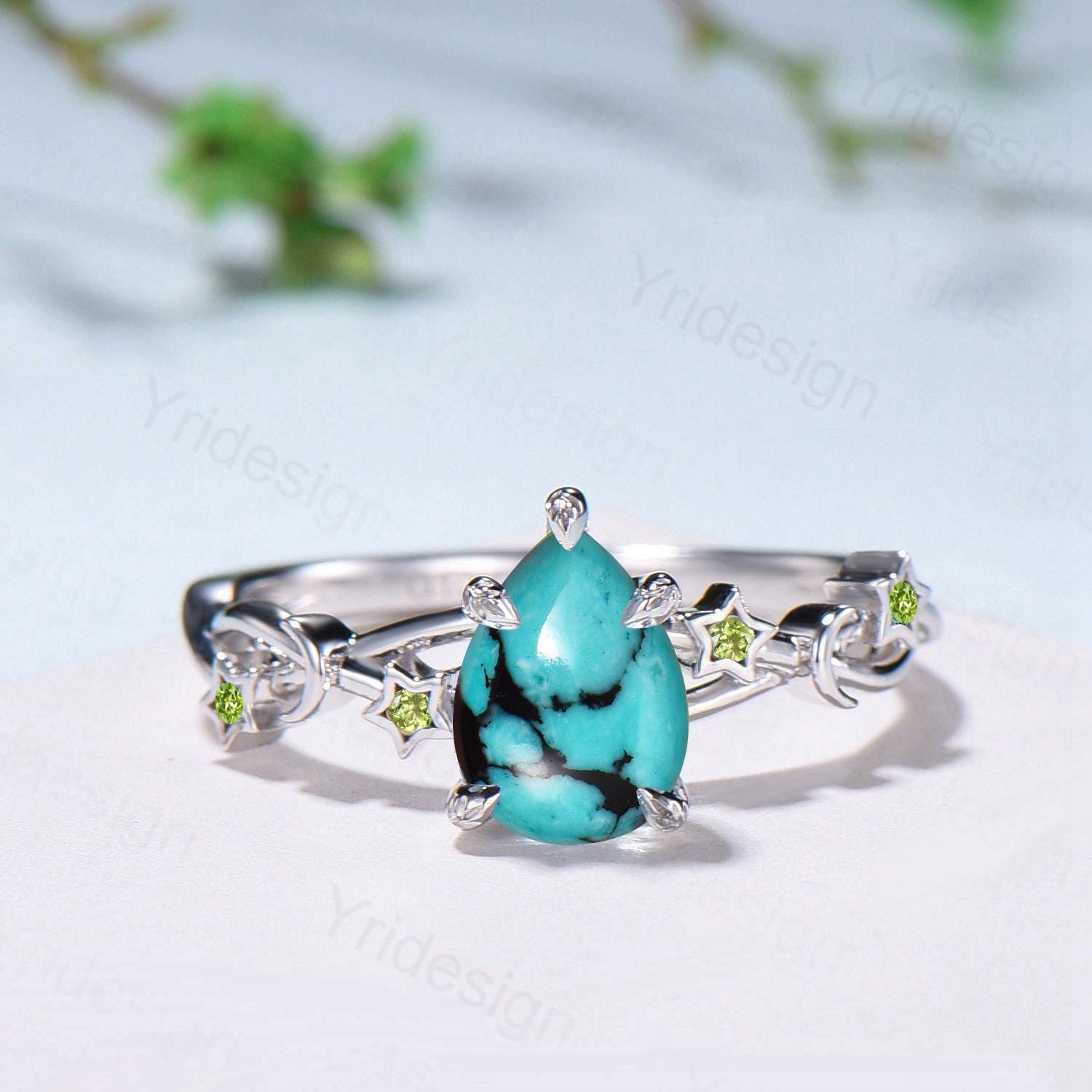 Vintage Art Deco 14K White Gold Pear Shaped Turquoise Engagement Ring with Moon Star Peridot - Split Shank Wedding & Anniversary Ring for Women - Perfect for Bridal Jewelry, Proposal Gifts & Special Occasions