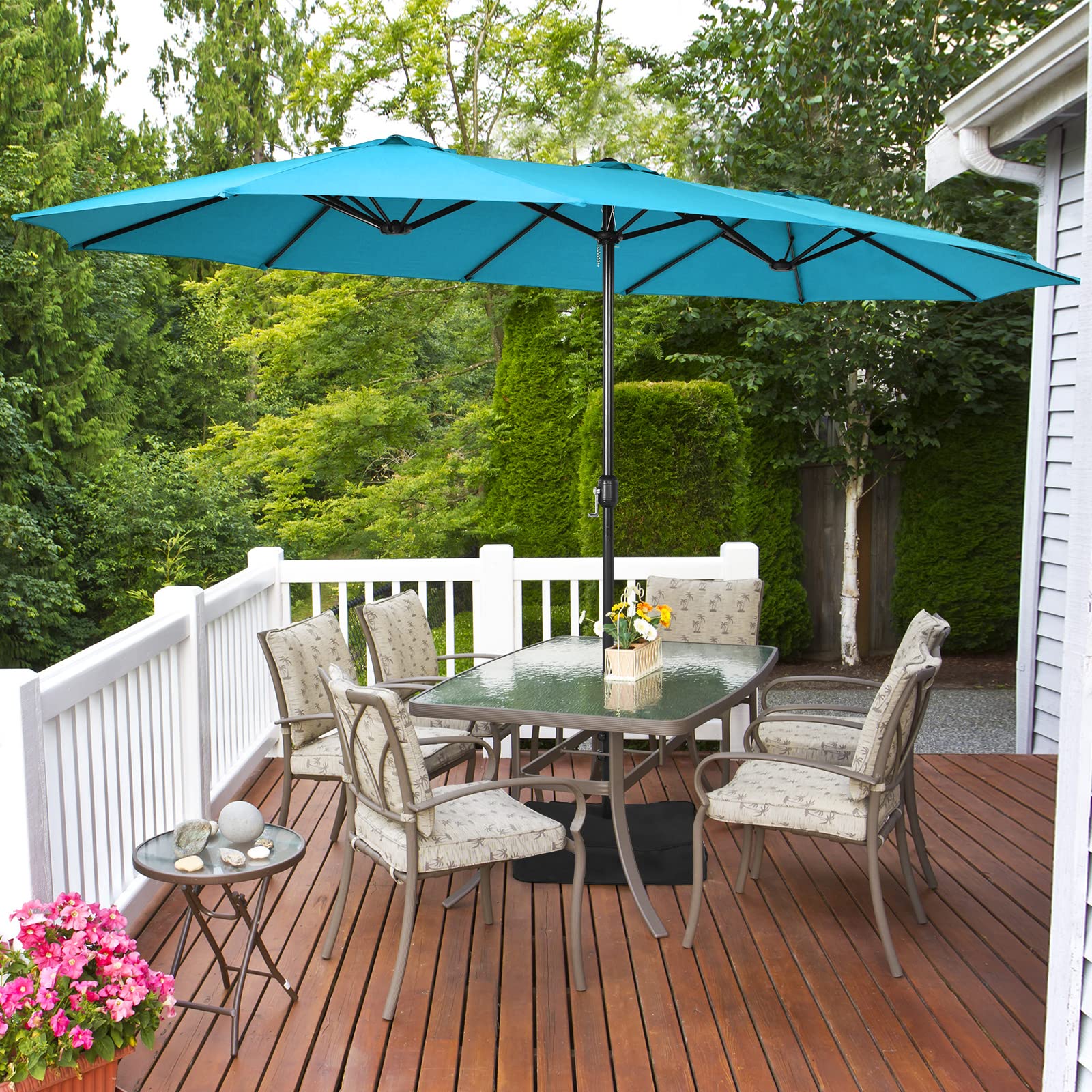 Tangkula 15FT Double-Sided Outdoor Patio Umbrella with Heavy Duty Base - Extra Large Market Umbrella with Crank Lift System, 12-Rib Metal Frame & Air Vents - Perfect for Garden, Backyard, Poolside, Beach & Outdoor Dining Areas (Turquoise Blue)